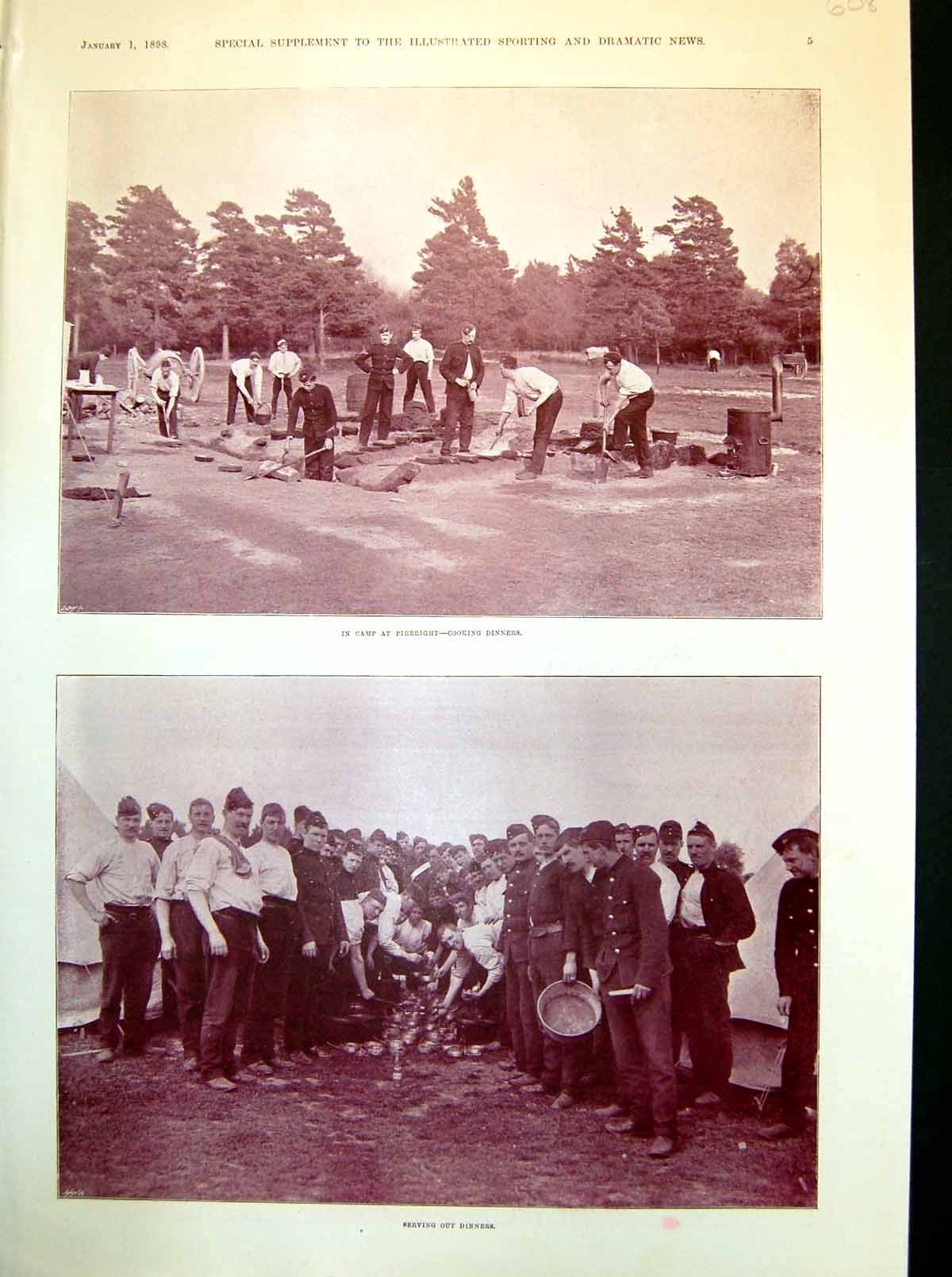 Antique Old Print Camp Pirbright Cooking Serving Dinner Shoeing Horses 1898