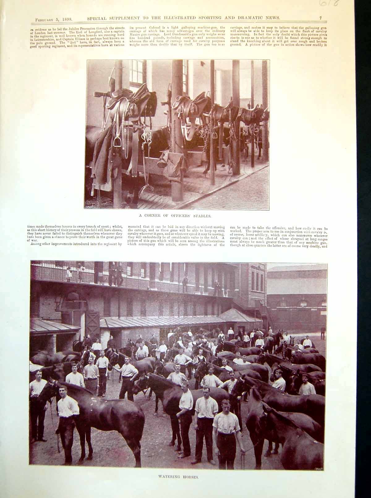 Antique Old Print Officer'S Stables Watering Horses The Queen'S Escort 1898
