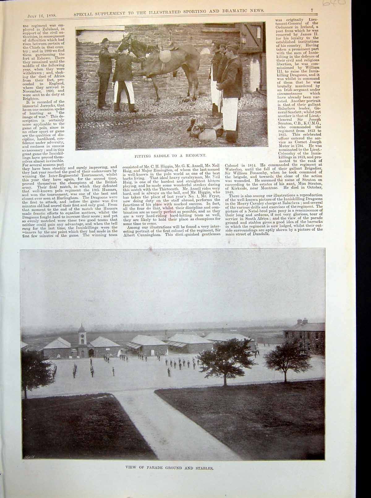 Antique Old Print Connaught Rangers Fitting Saddle Parade Ground Dundalk 1898