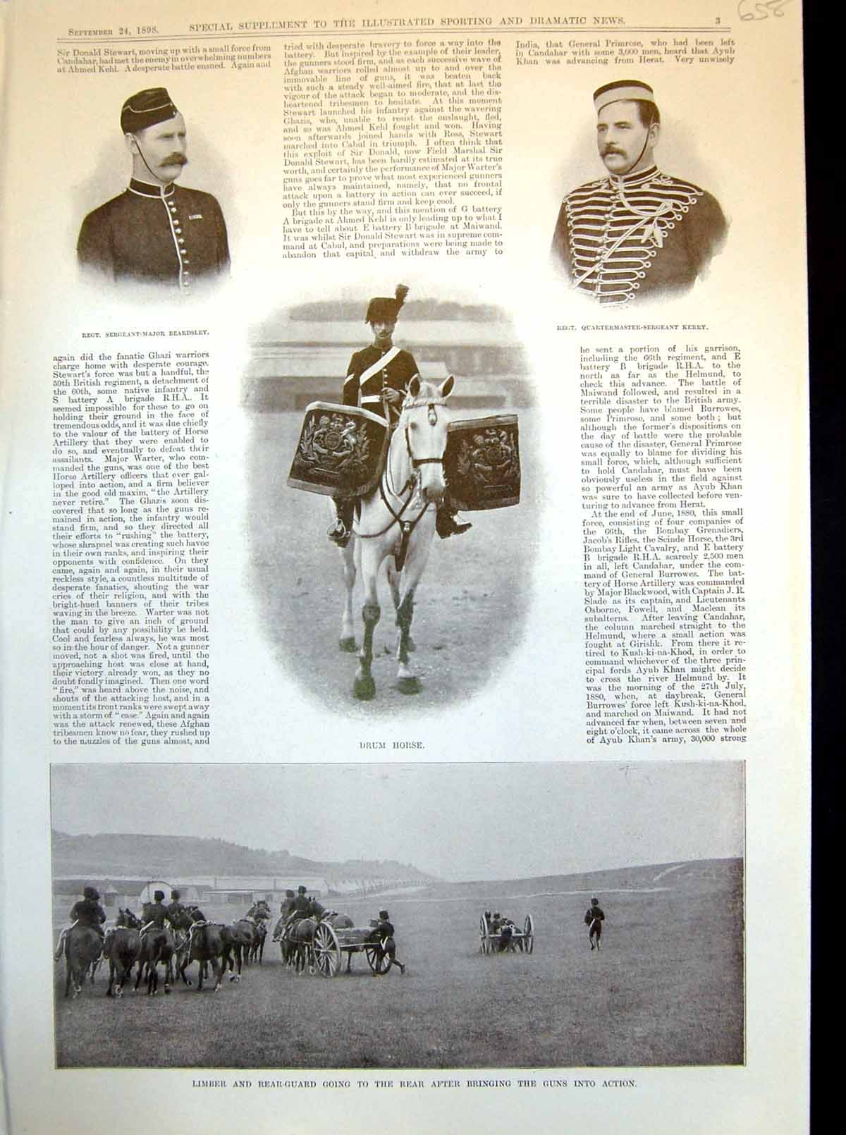 Antique Old Print Drum Horse Limber And Rear Guard Sergeant Horse Parade 1898
