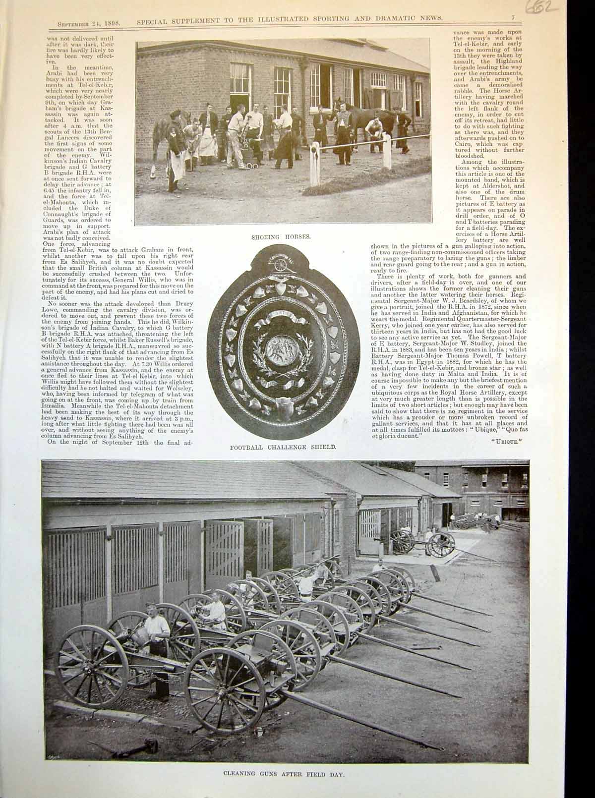 Old Print Shoeing Horses Football Challenge Shield Watering Cleaning 1898 19th