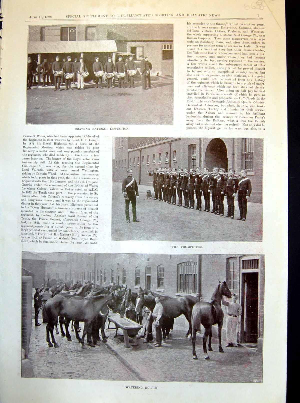 Antique Old Print Drawing Rations Trumpeters Watering Horses Polo Rules 1898