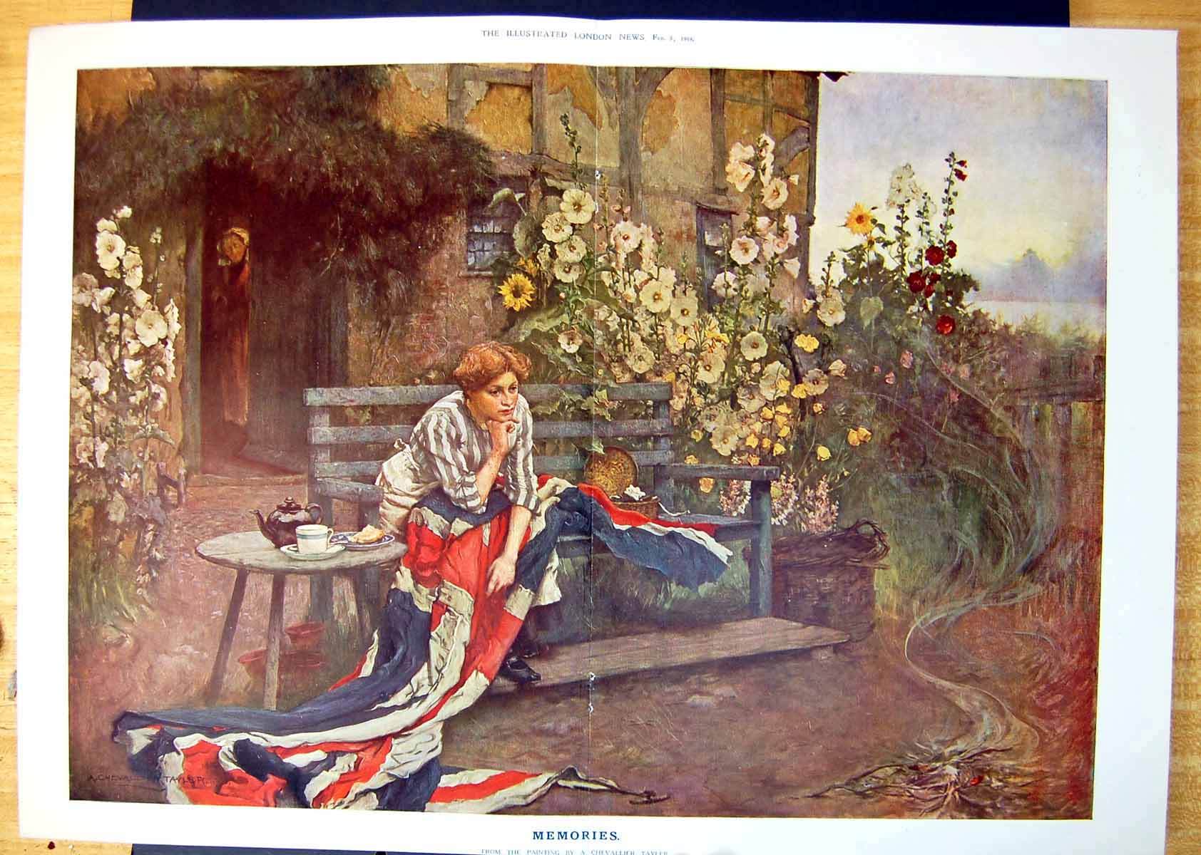 Antique Print Memories A Chevallier Taylor Lady Bench Mend Flag Garden 1919
