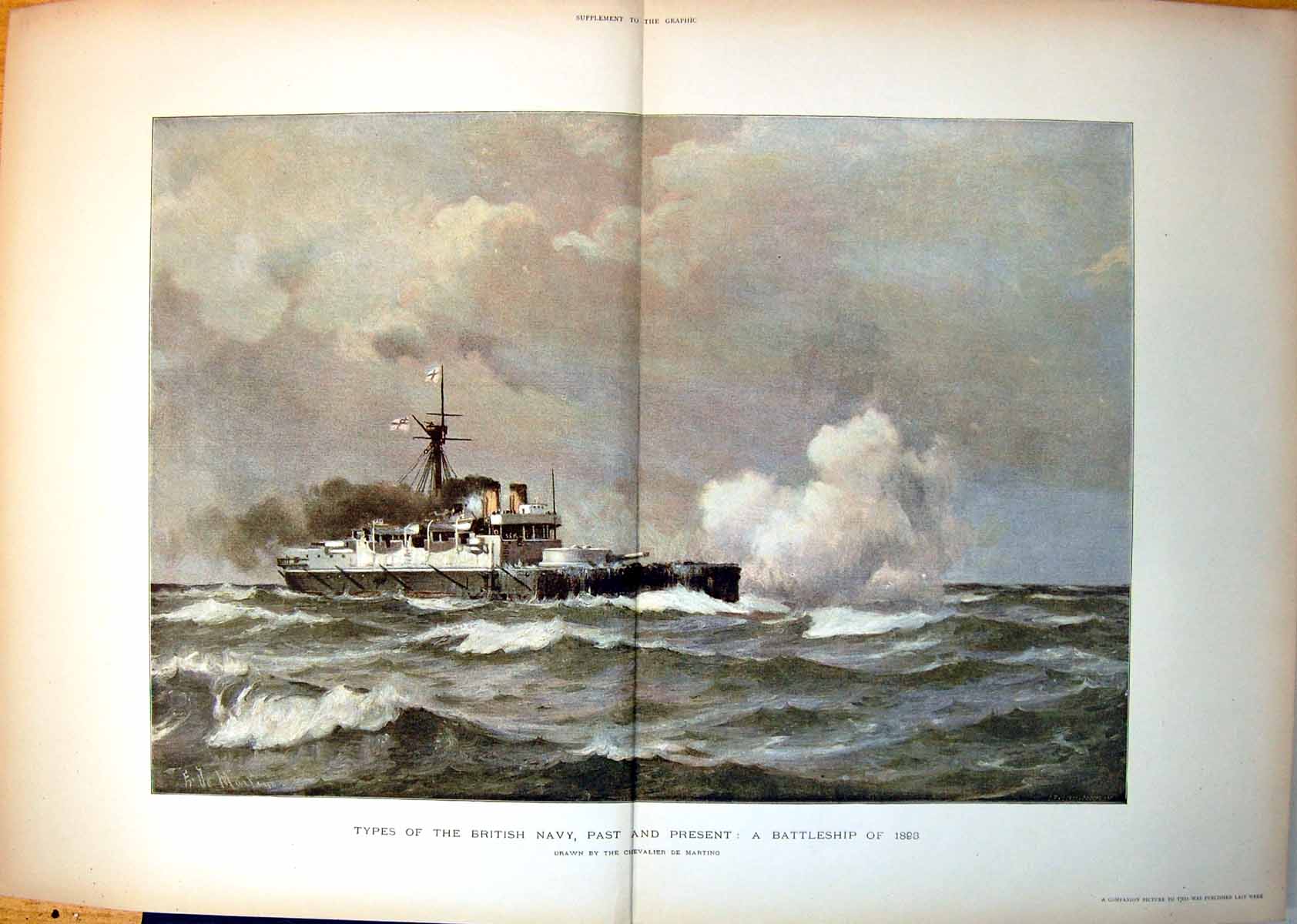 Antique Old Print Types British Navy A Battleship 1893 Chevalier De Martino