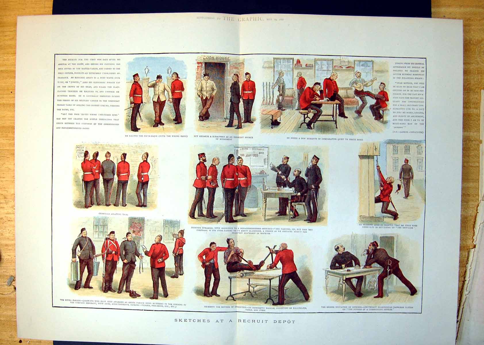 Antique Old Print Sketches At Recruit Depot Writing Home Criminals Arms 1888