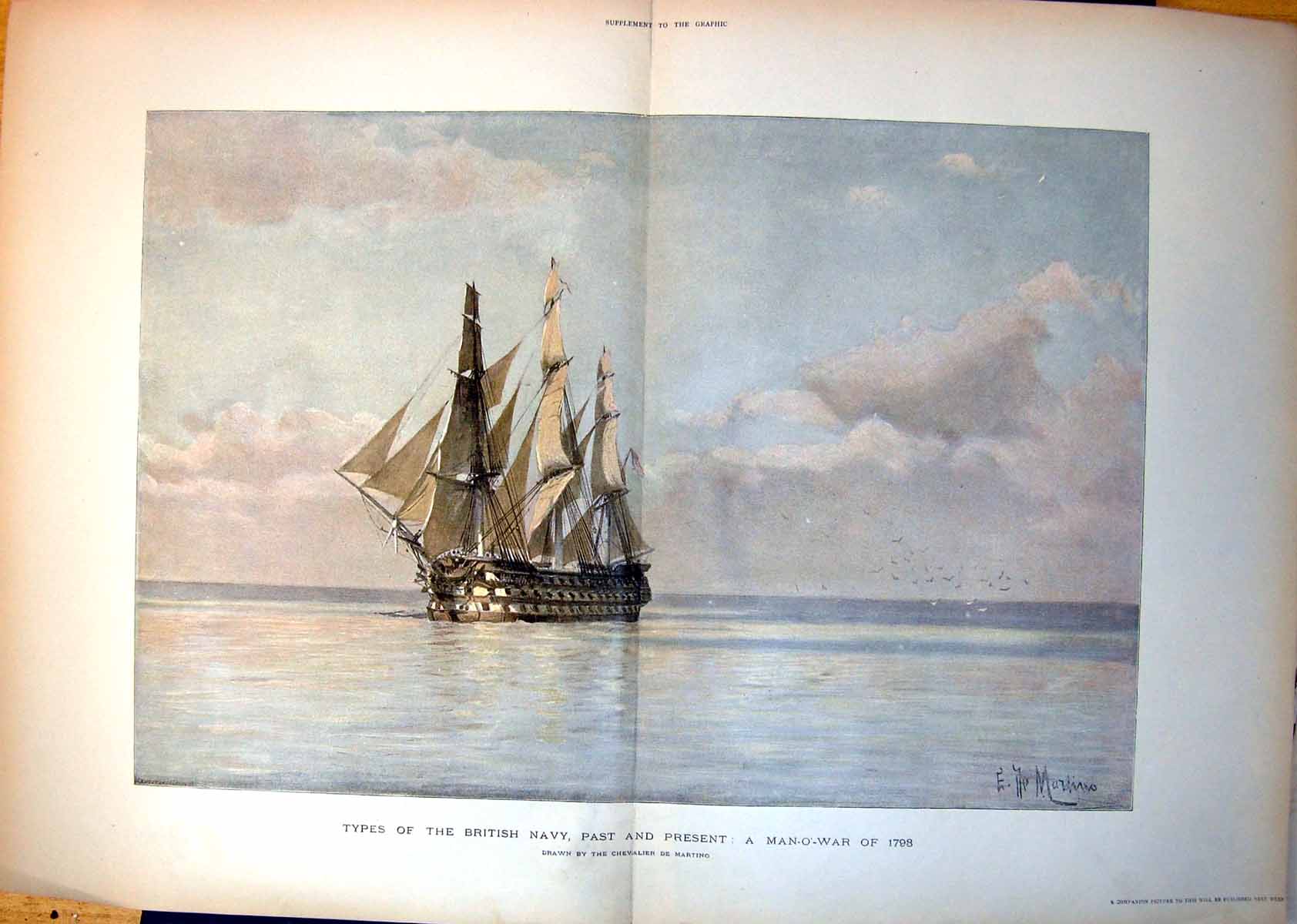 Old Print Types British Navy Man-O'-War 1793 Chevalier De Martino No Date 18th