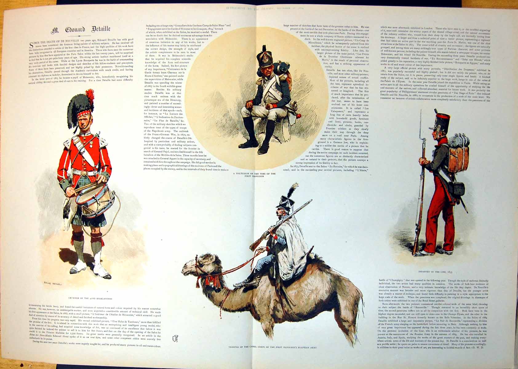 Antique Old Print Drummer 42Nd Highlanders Voltigeur Trooper Camel Corps 1889