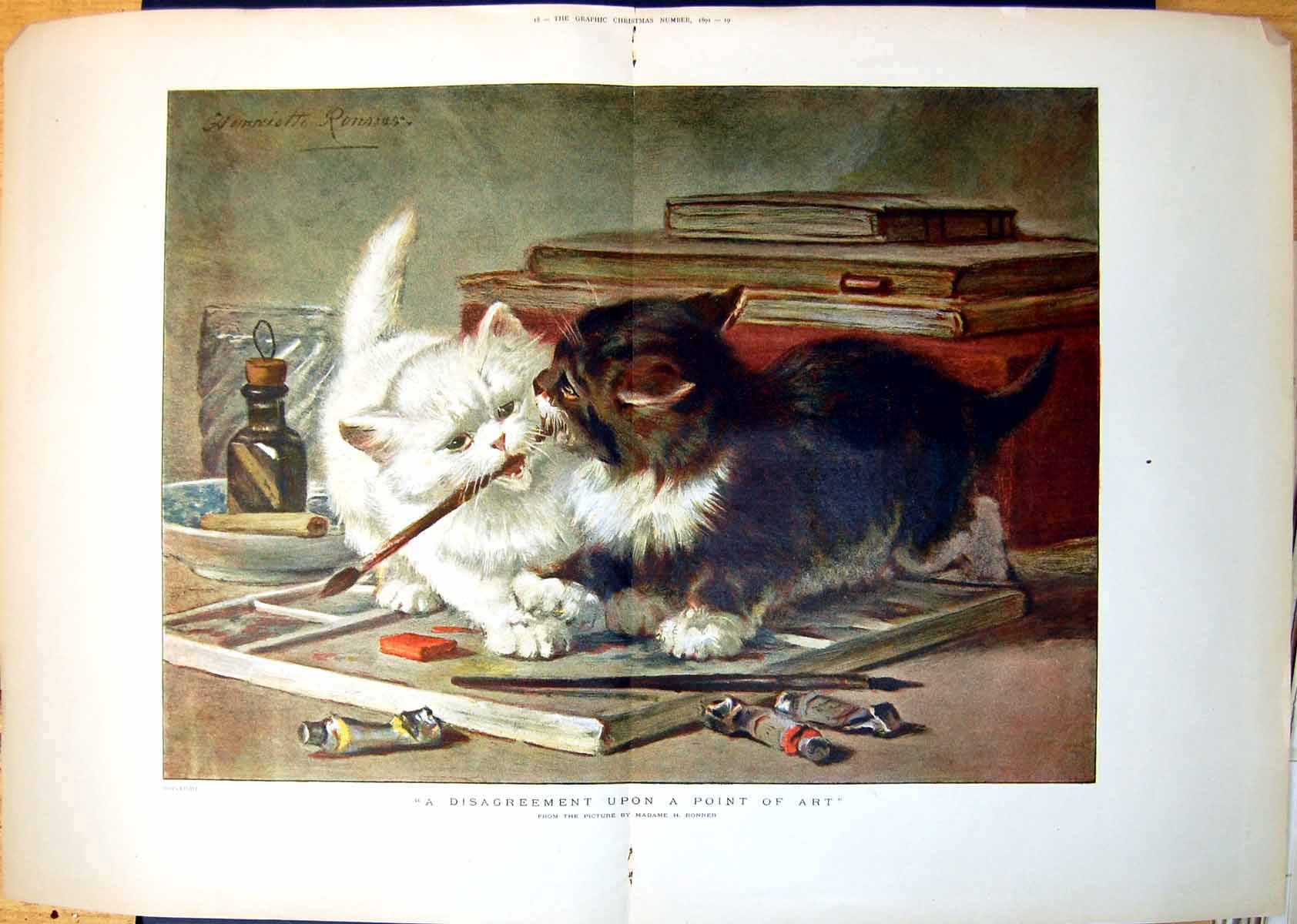 Antique Old Print Disagreement Over Paintbrush Two Kittens Paints Books 1891