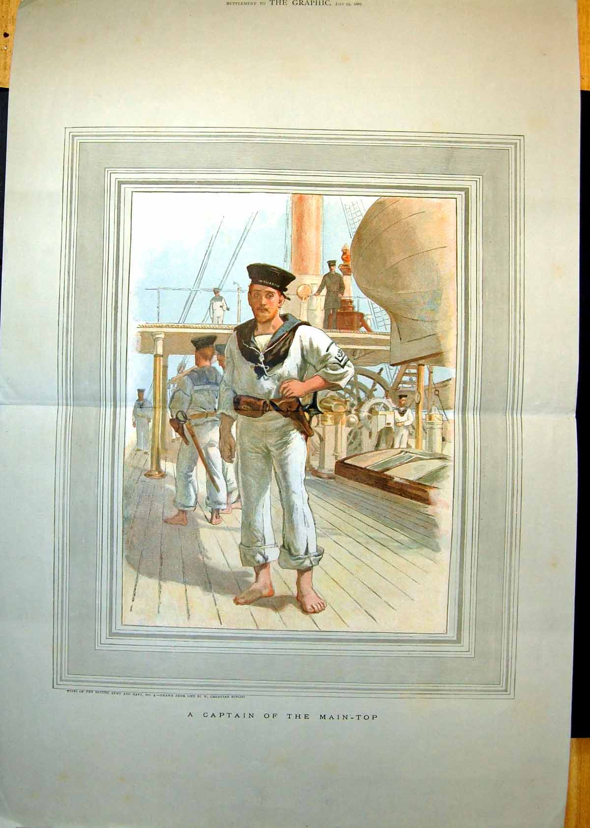 Antique Old Print A Captain The Main-Top Types British Navy W C Symons 1887