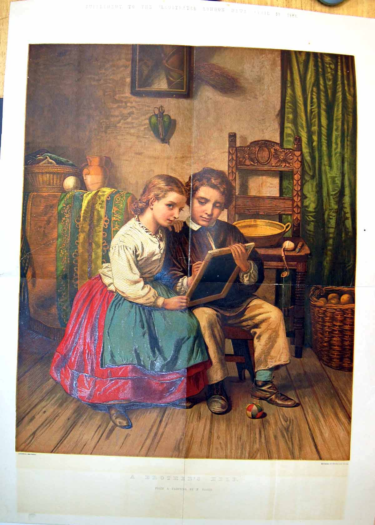 Old Brother'S Help Painting F Boser Girl Boy Writing Slate Chair 1887 Victorian
