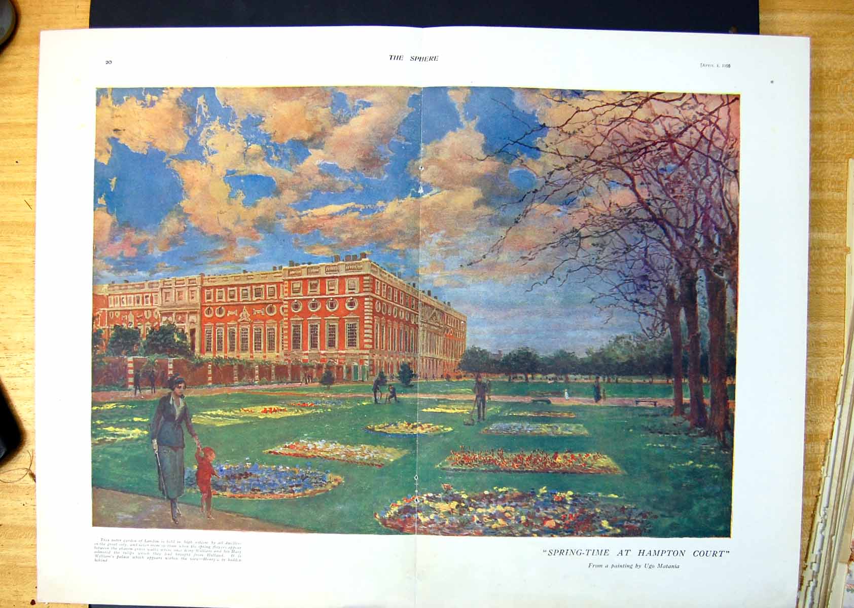 Antique Old Print Spring-Time Hampton Court Ugo Matania Gardens Palace 1920