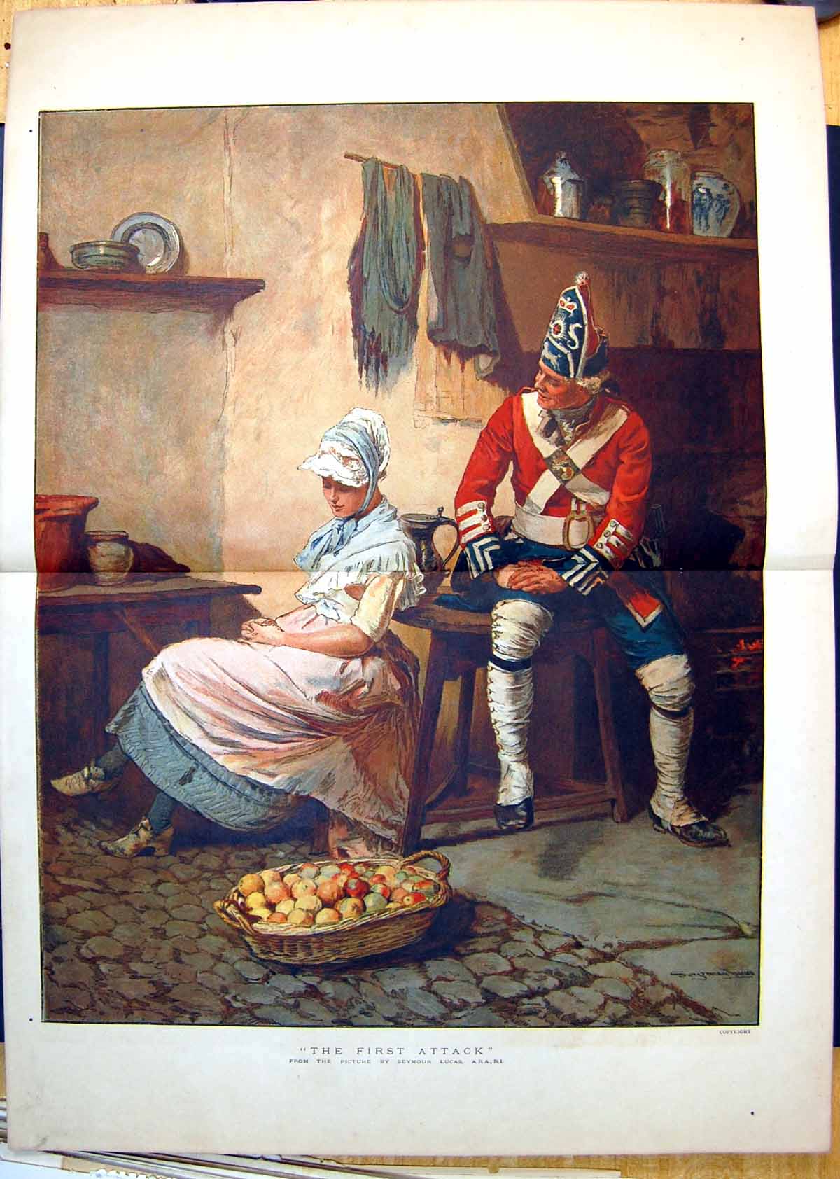 Antique Old Print First Attack Seymour Lucas Sier Uniform Chatting Maid 1888