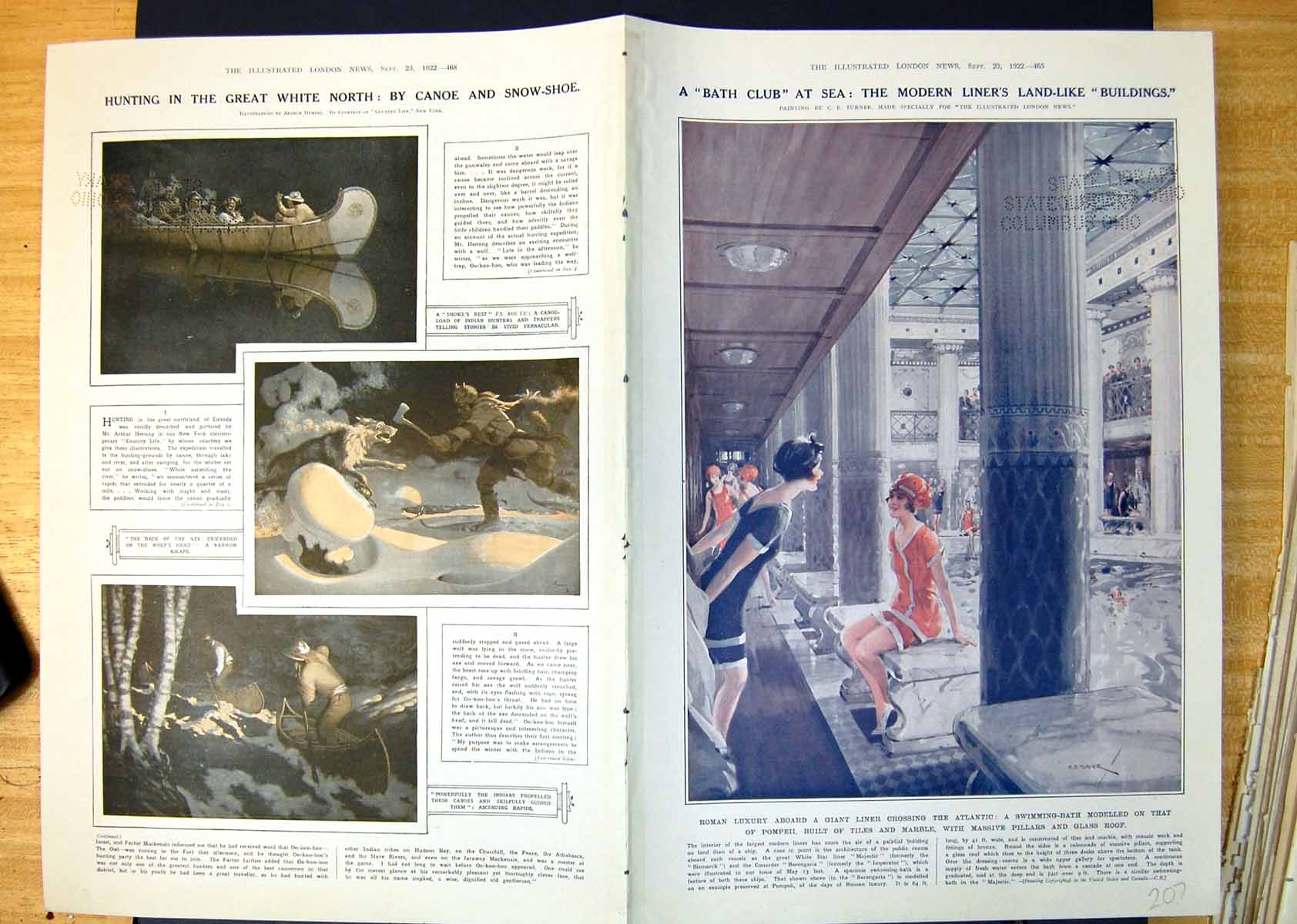 Old Print Swimming Pool Ship Hunting North Canoe Sea Phosphorescence 1922 20th