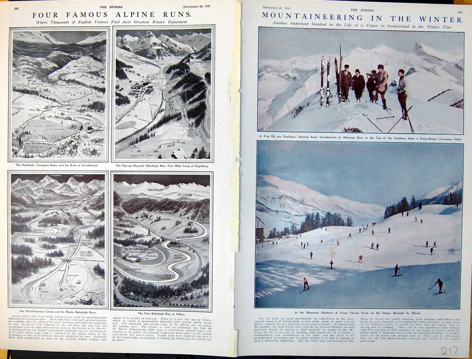 Antique Old Print Mountaineering Winter Alpine Runs Scenes Winter Snow 1926