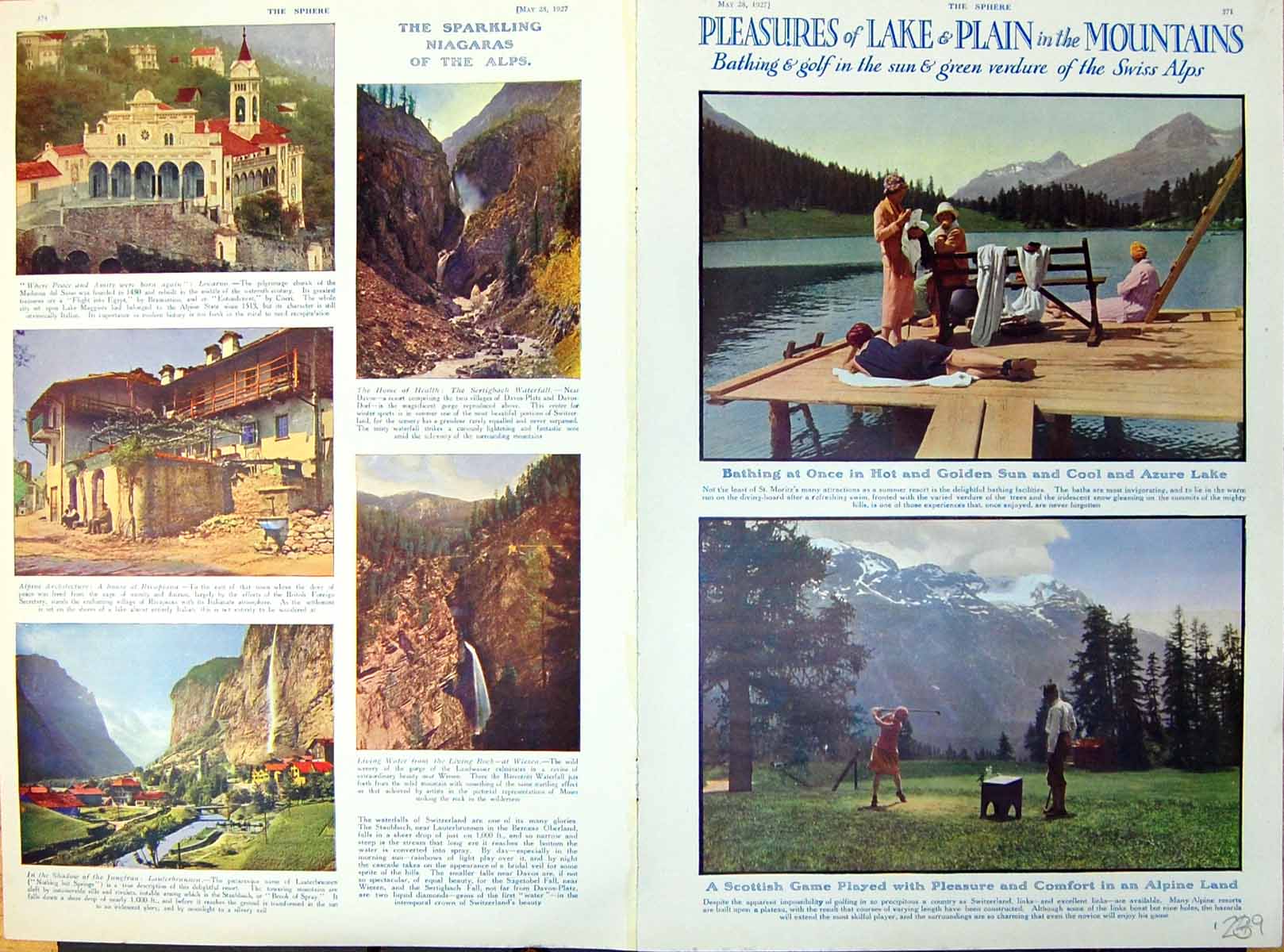 Antique Old Print Swiss Alps Bathing Golf Landscapes Geneva Lake Lucerne 1927