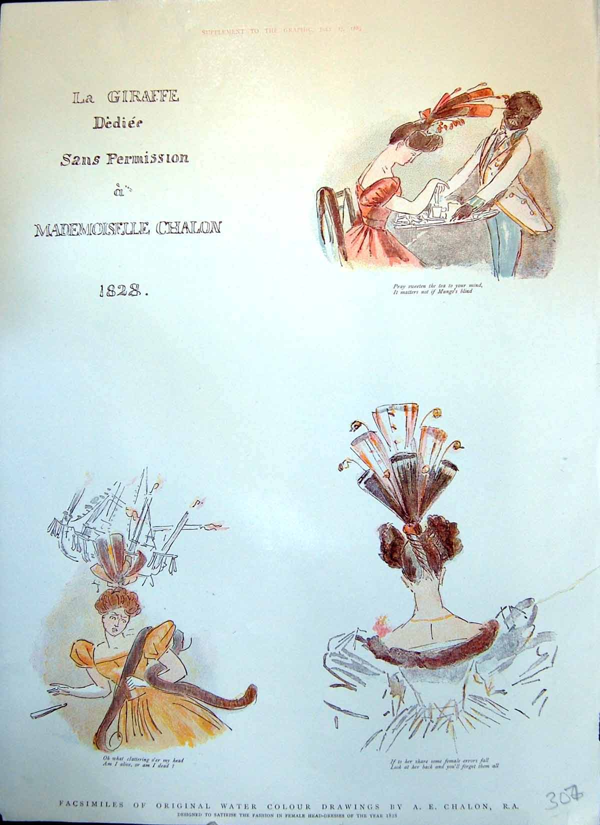 Old Satire Fashions Women'S Head-Dresses In 1828 Feathers Height 1889 19th