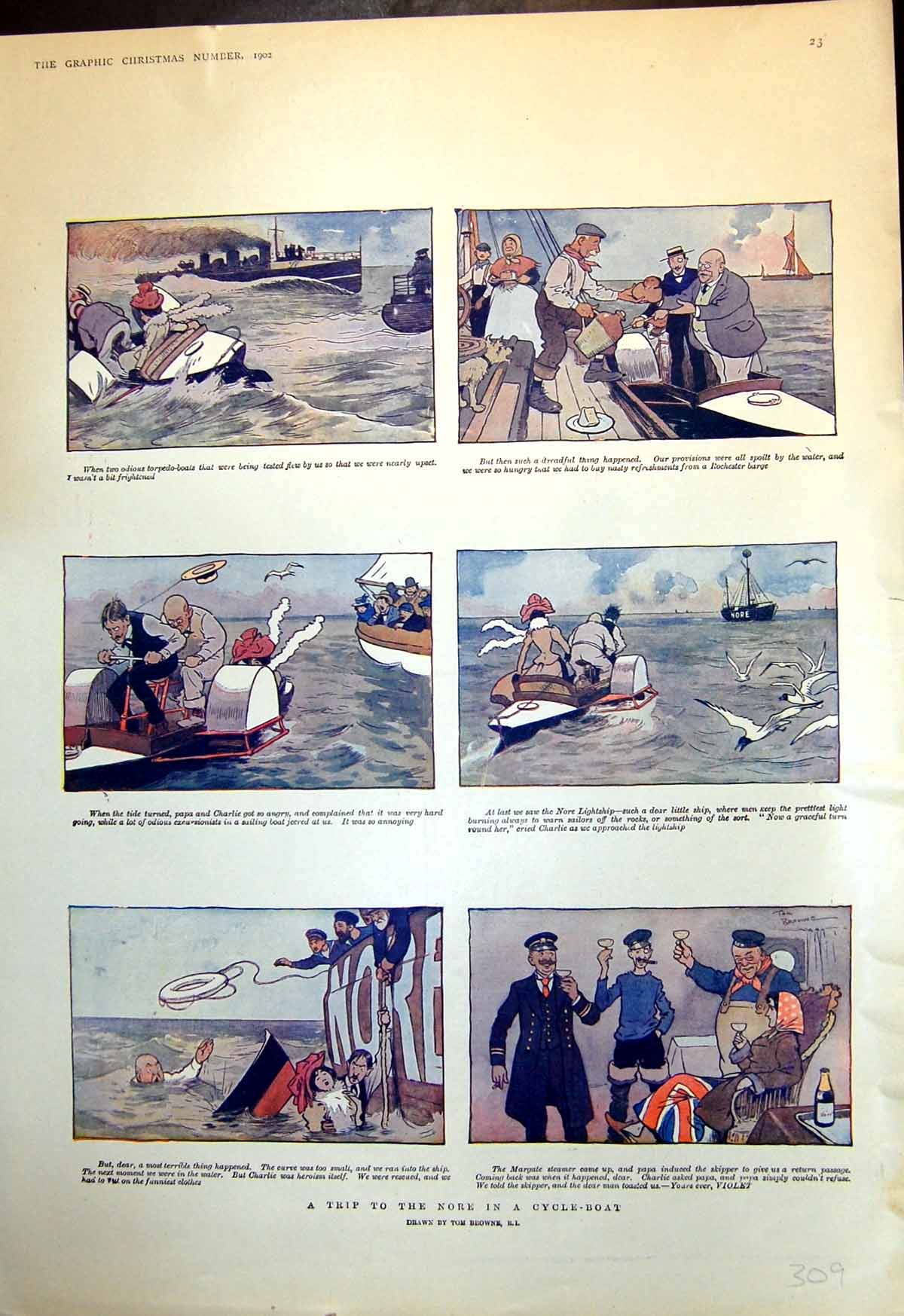 Old A Trip To The Nore In A Cycle Boat Ship Seagulls Liner Mudbank 1902 20th