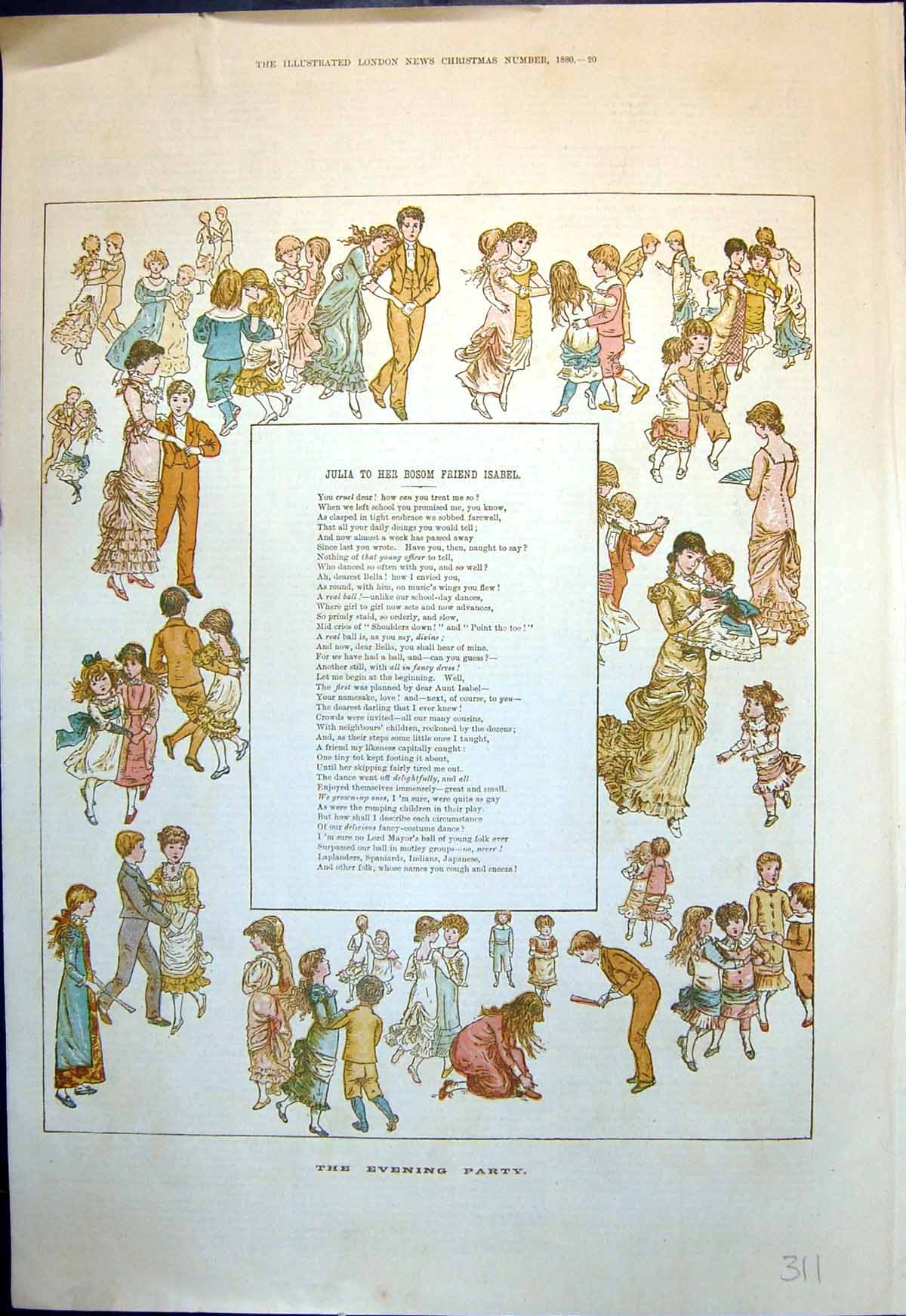 Antique Print Children Dancing Evening Party The Fancy Dress Ball Poem 1880