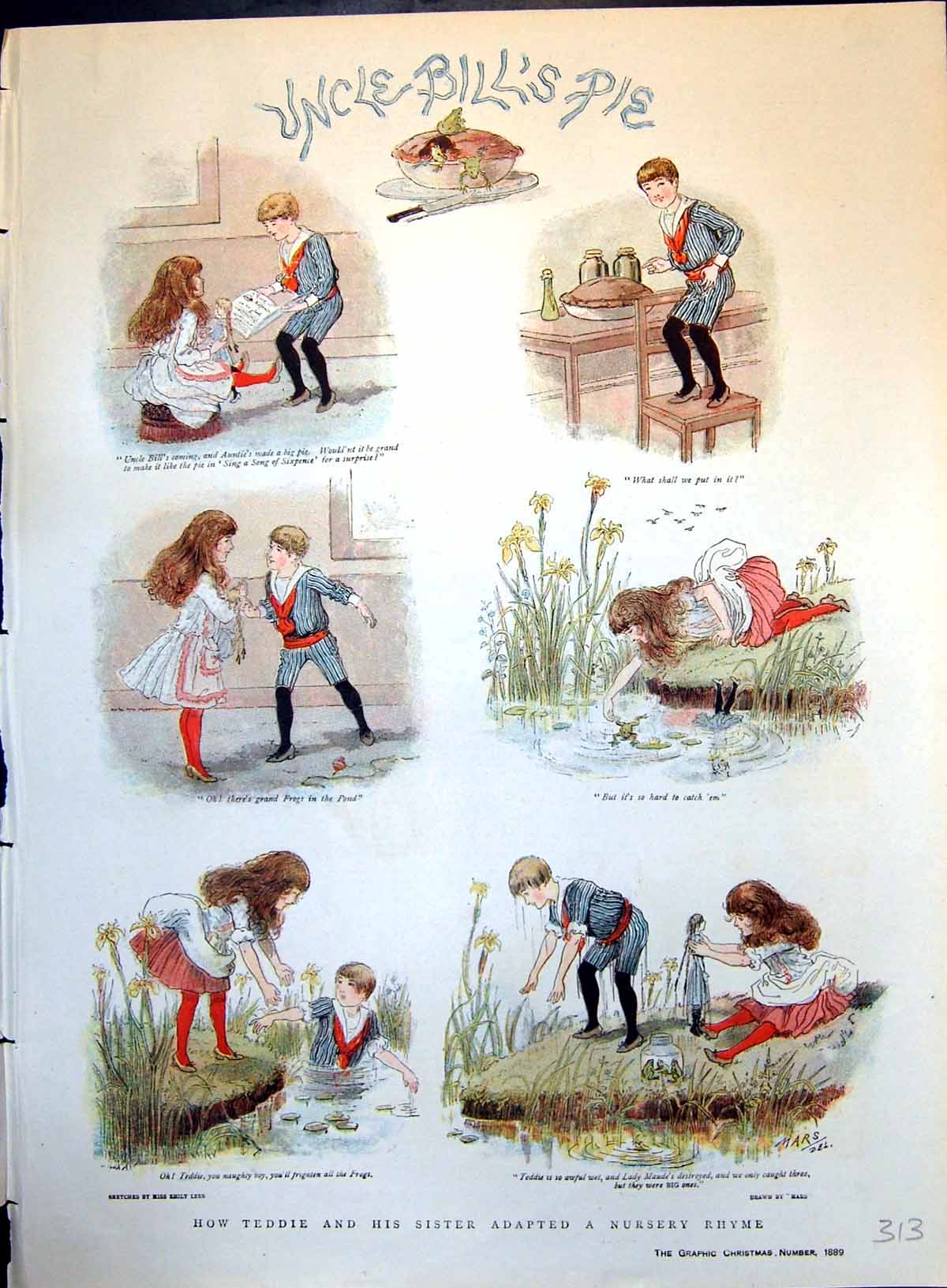 Old Print Uncle Bill'S Pie Adapted Nursery Rhyme Frogs Children Pond 1889 19th