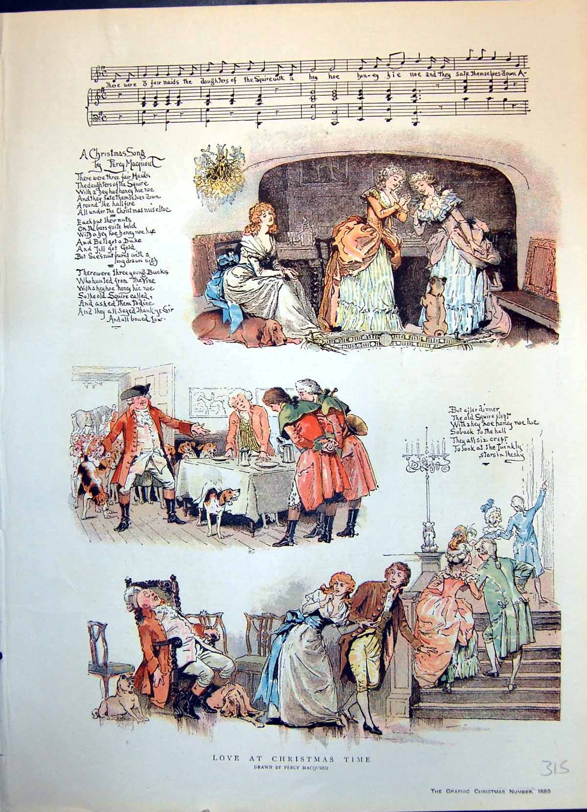 Old Print Love At Christmastime Drawn Percy Macquoid Hounds Wedding 1889 19th