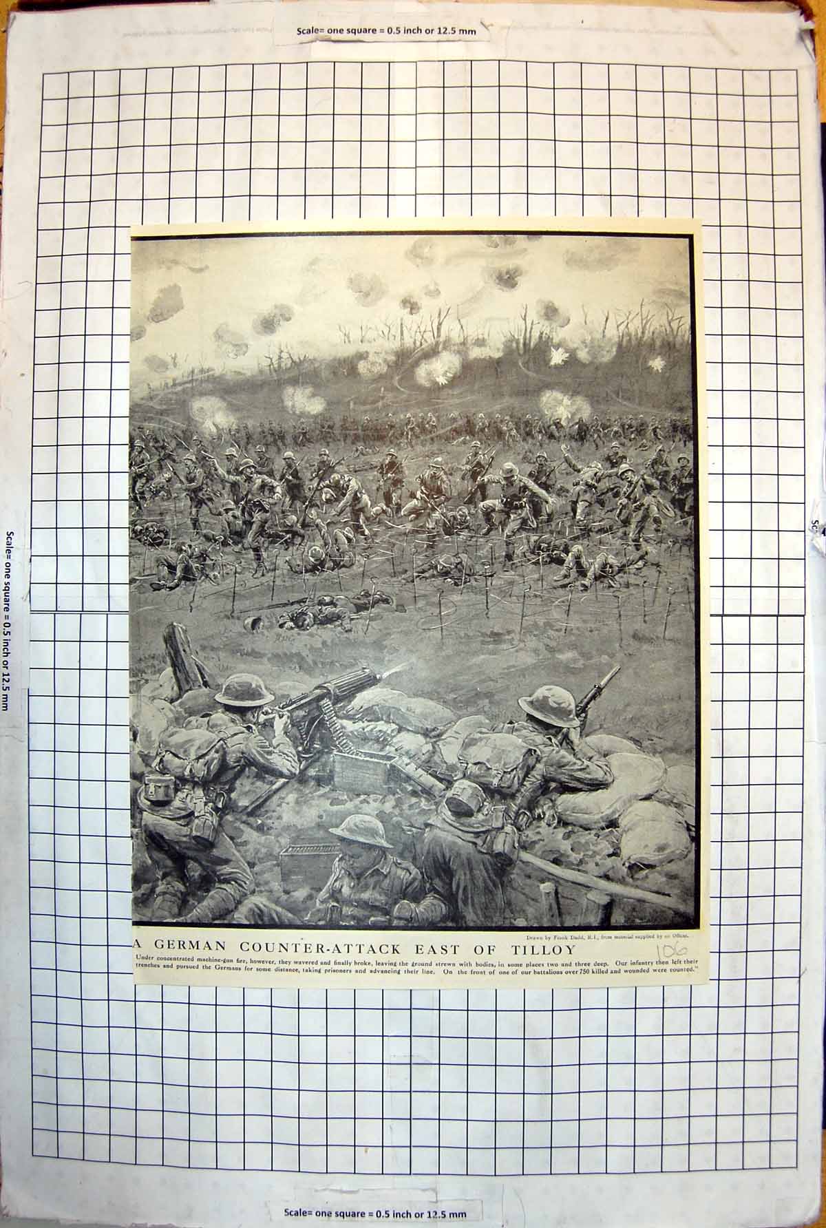 Antique Print Frank Dadd Unloading Armaments Heavy Guns Loading Trucks 107J