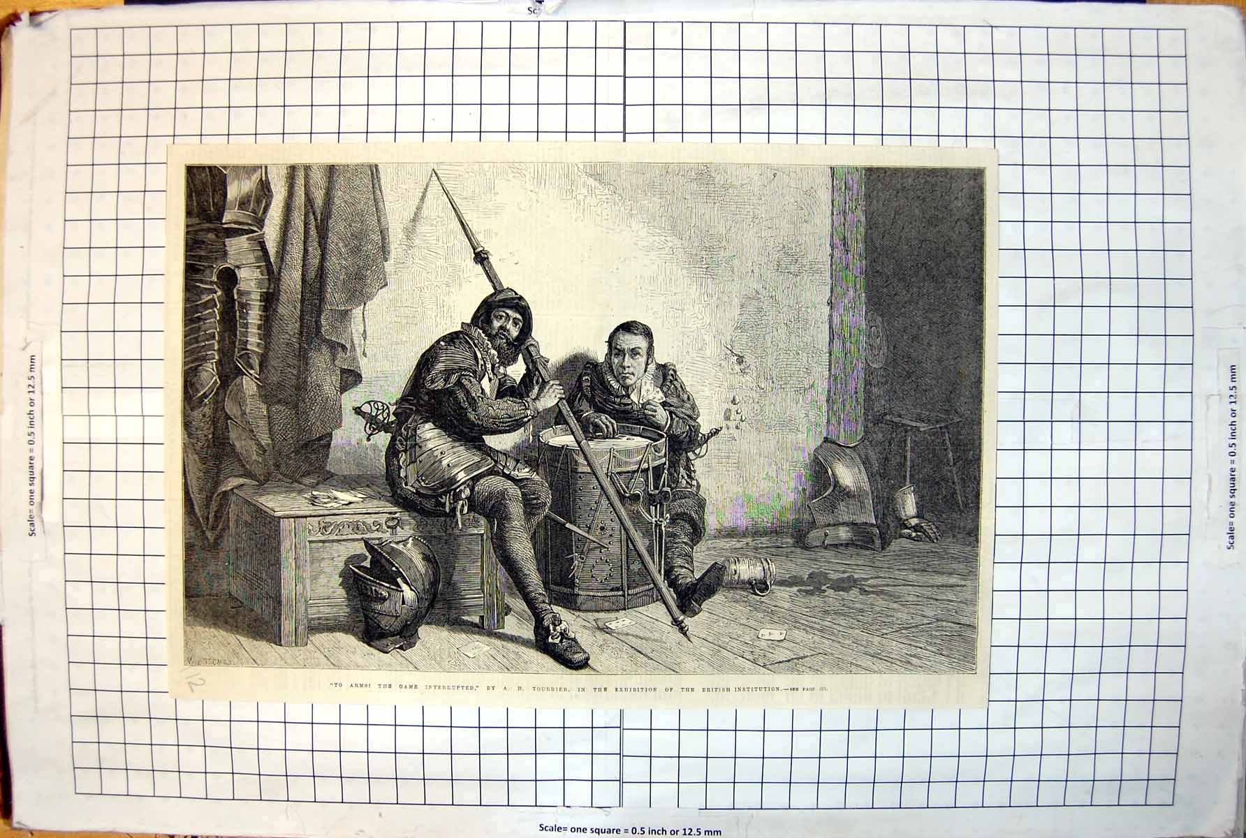 Antique Print Arms Game Interrupted A.H. Tourrier Siers Cards Drum 1867 112J