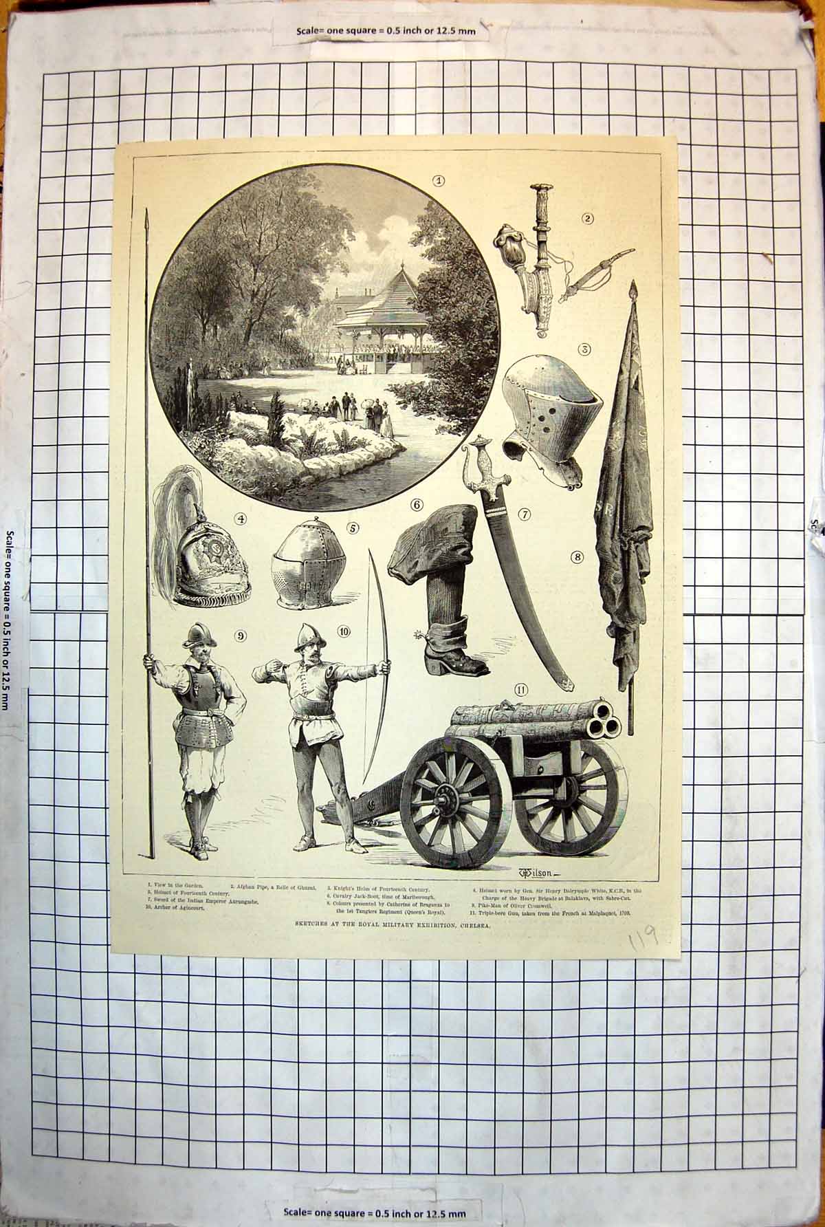 Old Sketches Royal Military Exhibition Chelsea Helmets Bow Gun 1890 119J 19th