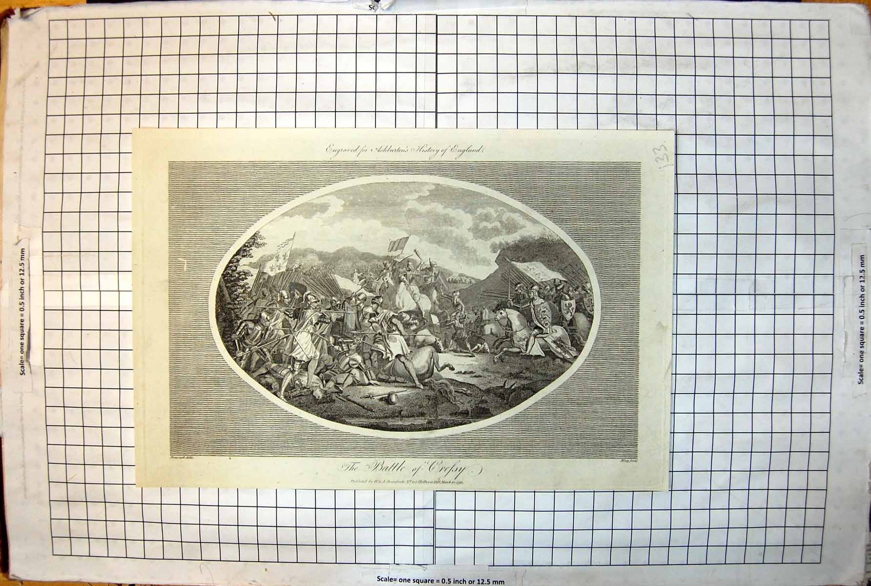 Antique Print Battle Cressy Crecy Mounted Charge Horseback Flags Lances 133J