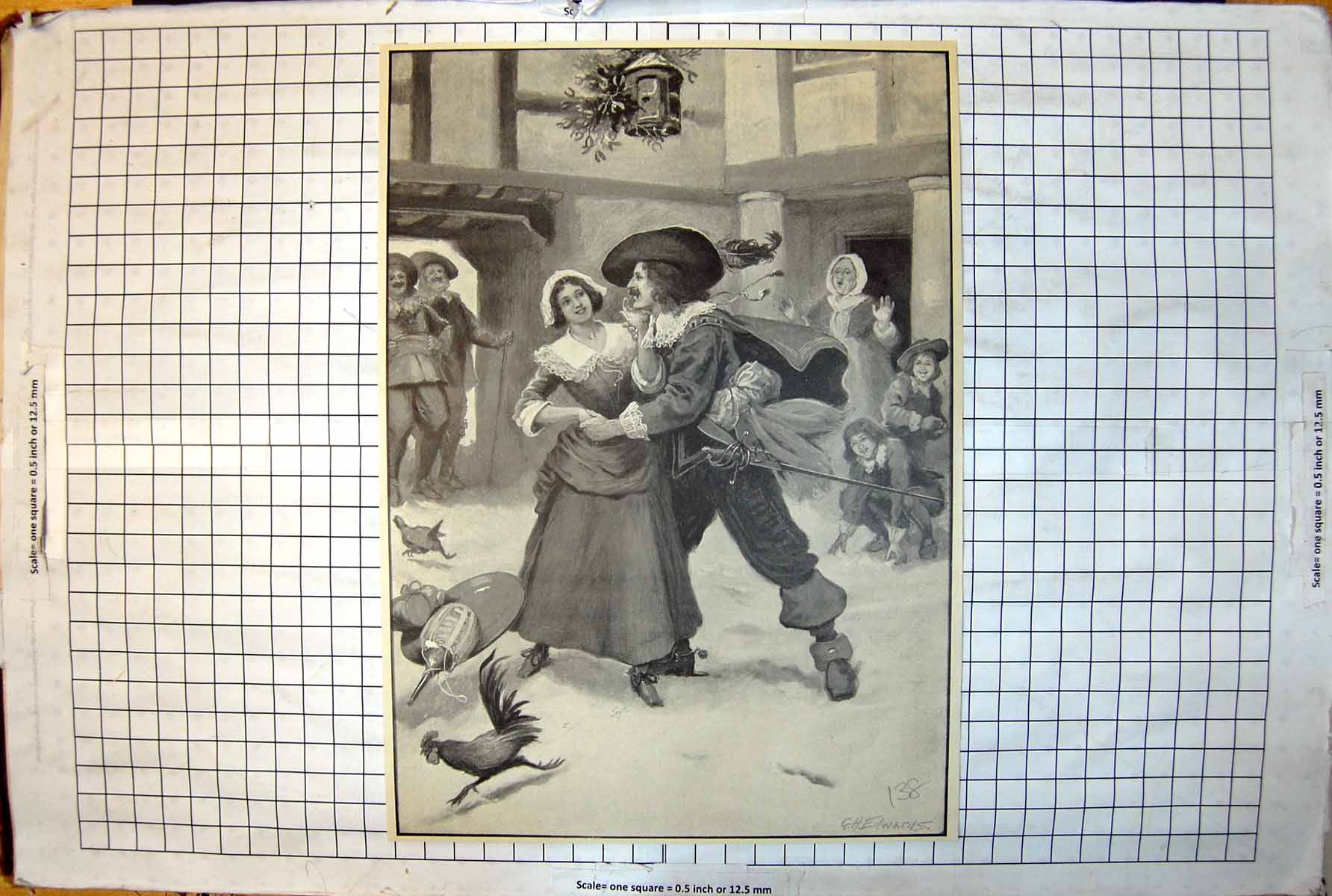 Old Print Cavalier Carousing Maid Tray Wine Spilled Cape Sword Feather 1901 138J