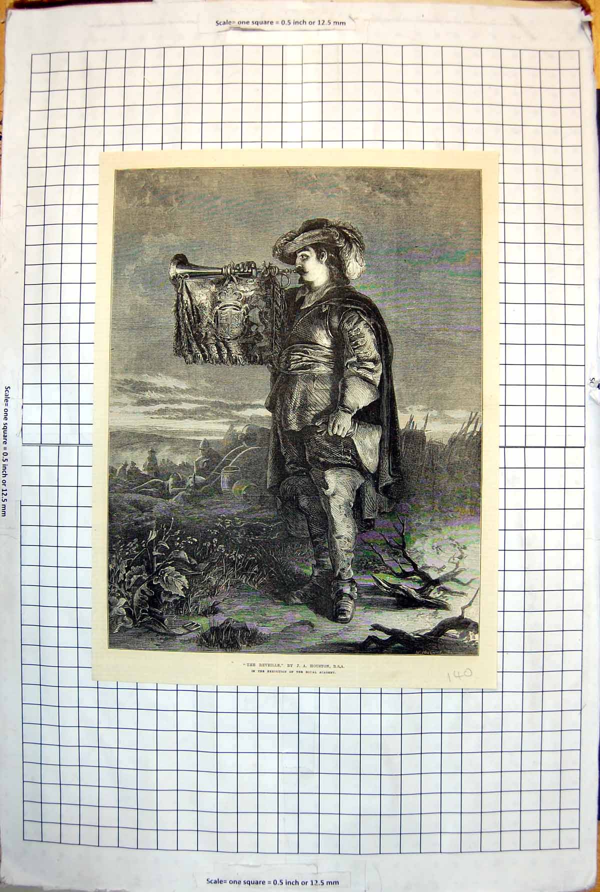 Print The Reveille J.A. Houston Bugle Player Coat Arms Cavalier Hat 1872 140J
