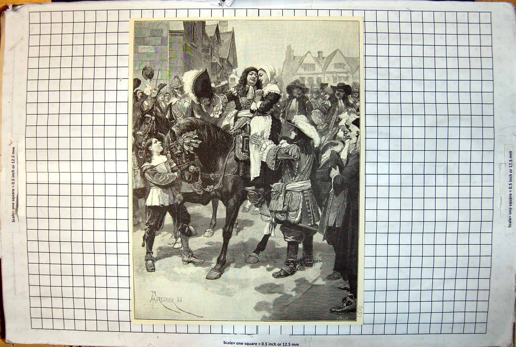Antique Print Cavalier Feathered Hat Hing Maiden Horseback Crowd C1888 154J 19th