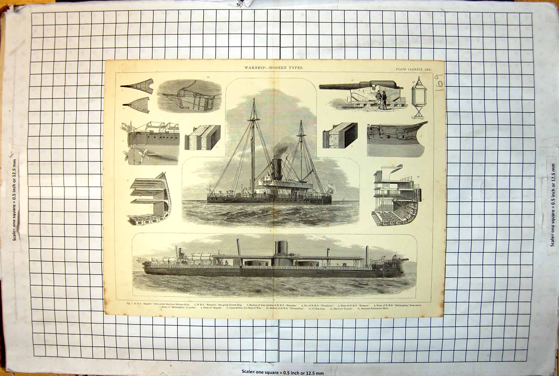 Antique Print Warship Modern Types Rupert Monarch Hercules Devastation 169J