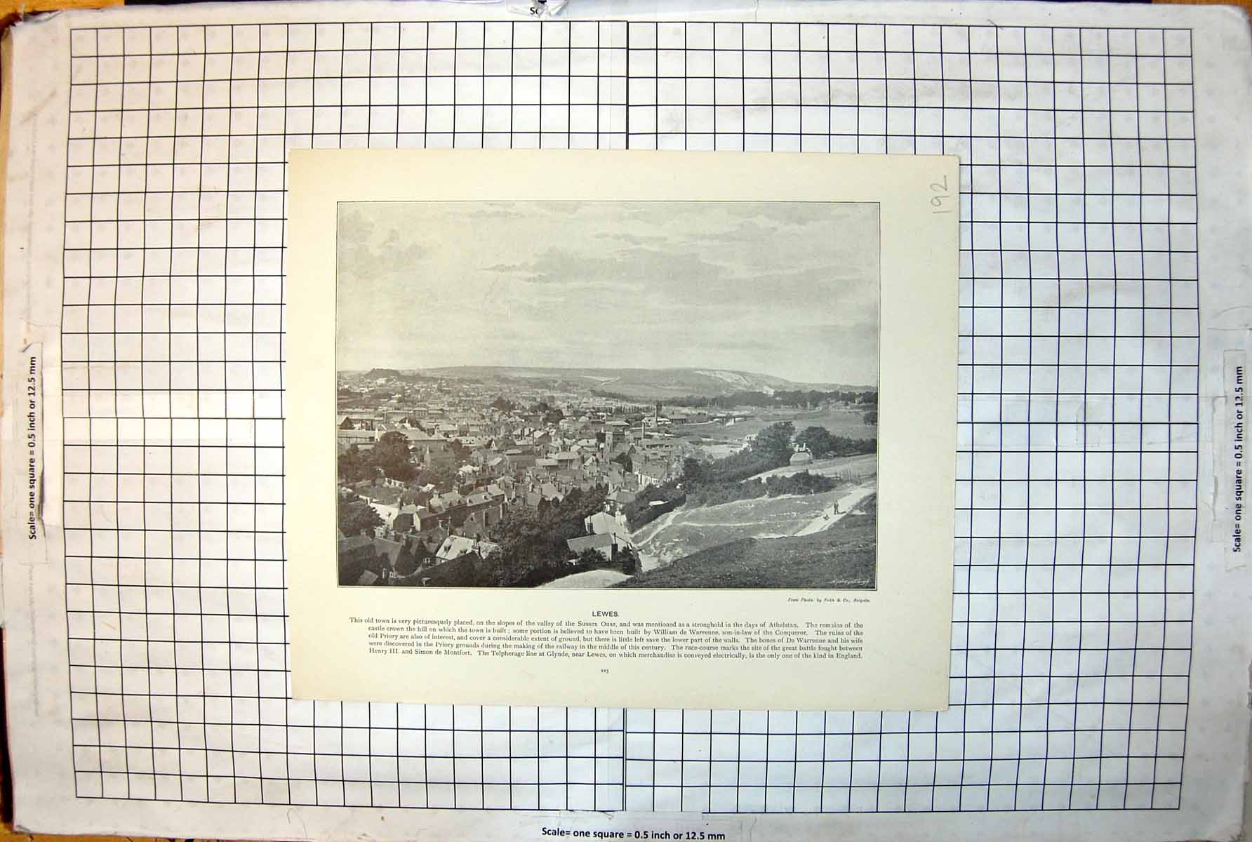 Antique Old Print Lewes Sussex Ouse England Town Rooftops Church Hillside 192J
