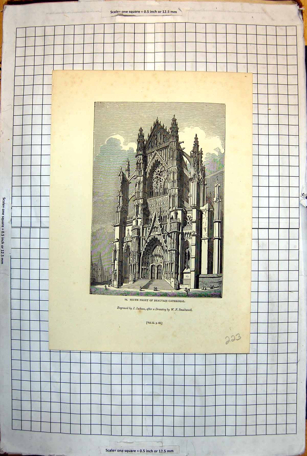 Old Print South Front Beauvais Cathedral Gothic Architecture Stonework 1843 223J