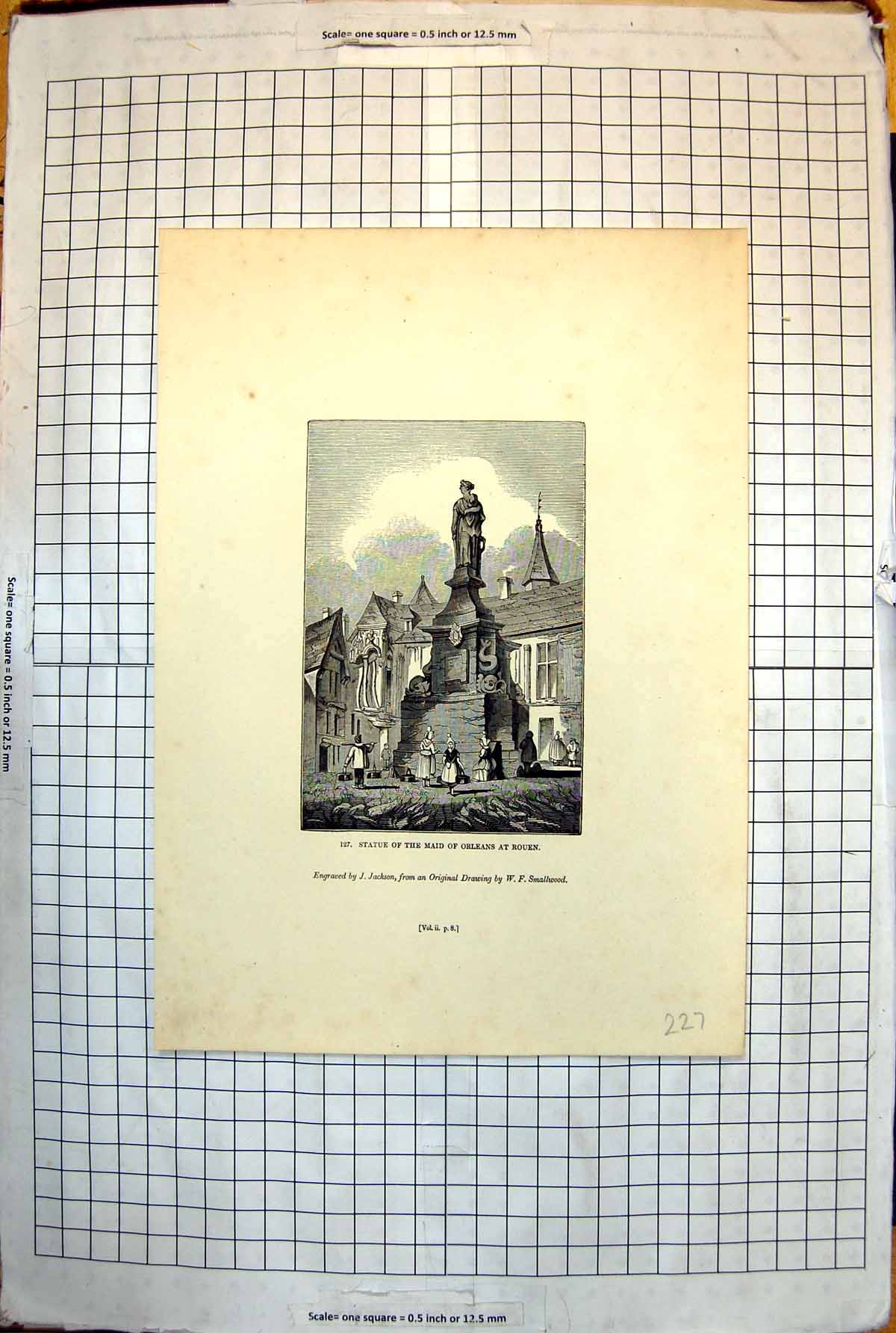 Old Print Statue Maid Orleans Rouen Townsfolk Carrying Shoulders 1843 227J 19th