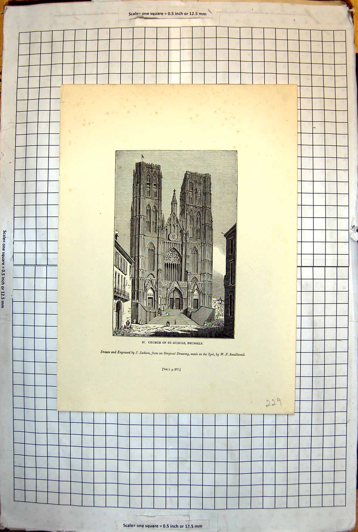 Old Print Church St. Gudule Brussels Tall Columned Arches Clock 1843 229J 19th