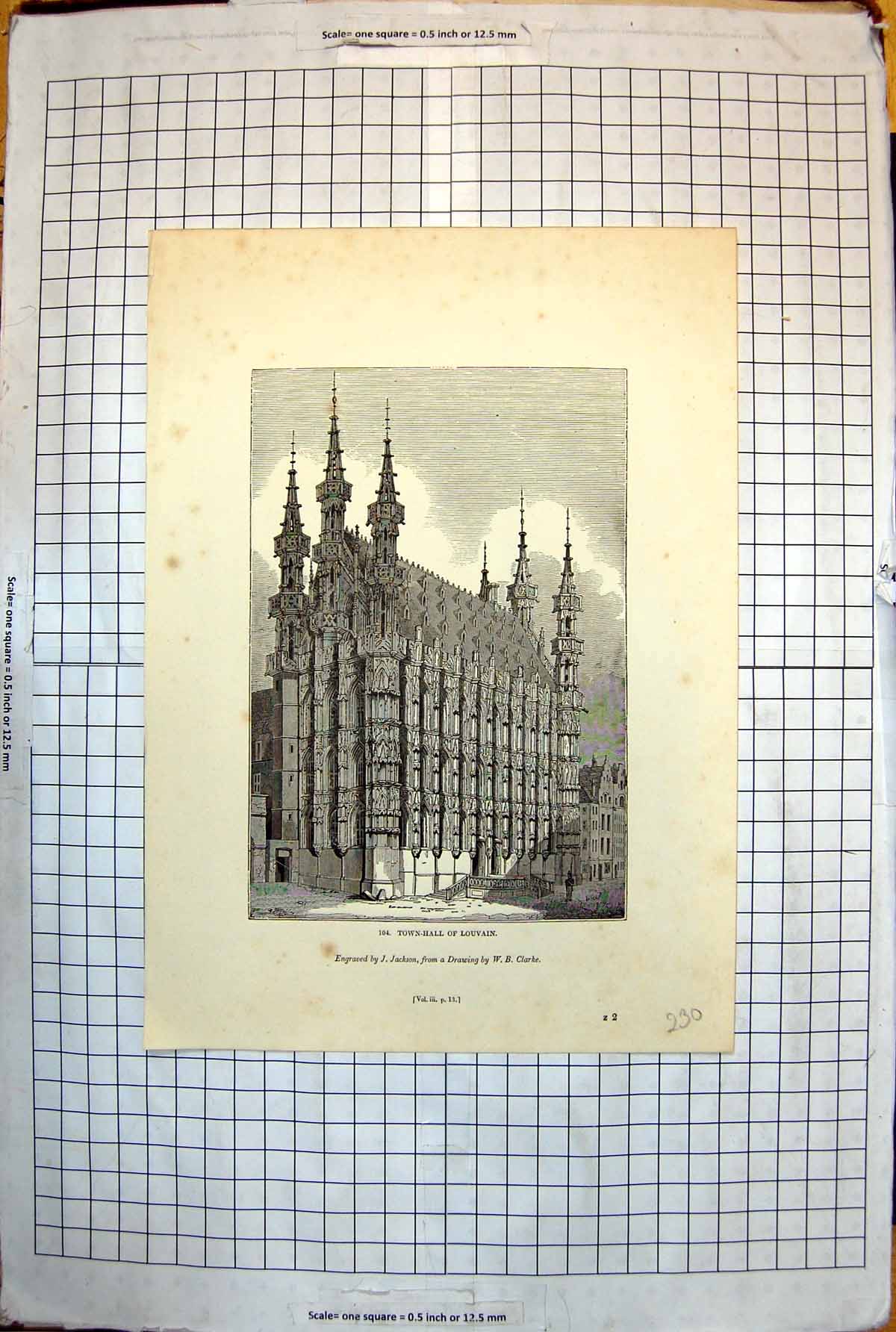 Old Print Town Hall Louvain Steps Numerous Arched Windows Spires 1843 230J 19th