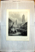 Print Utrecht From Painting G. Jones Cathedral Boats Bridge Children 1853 235J