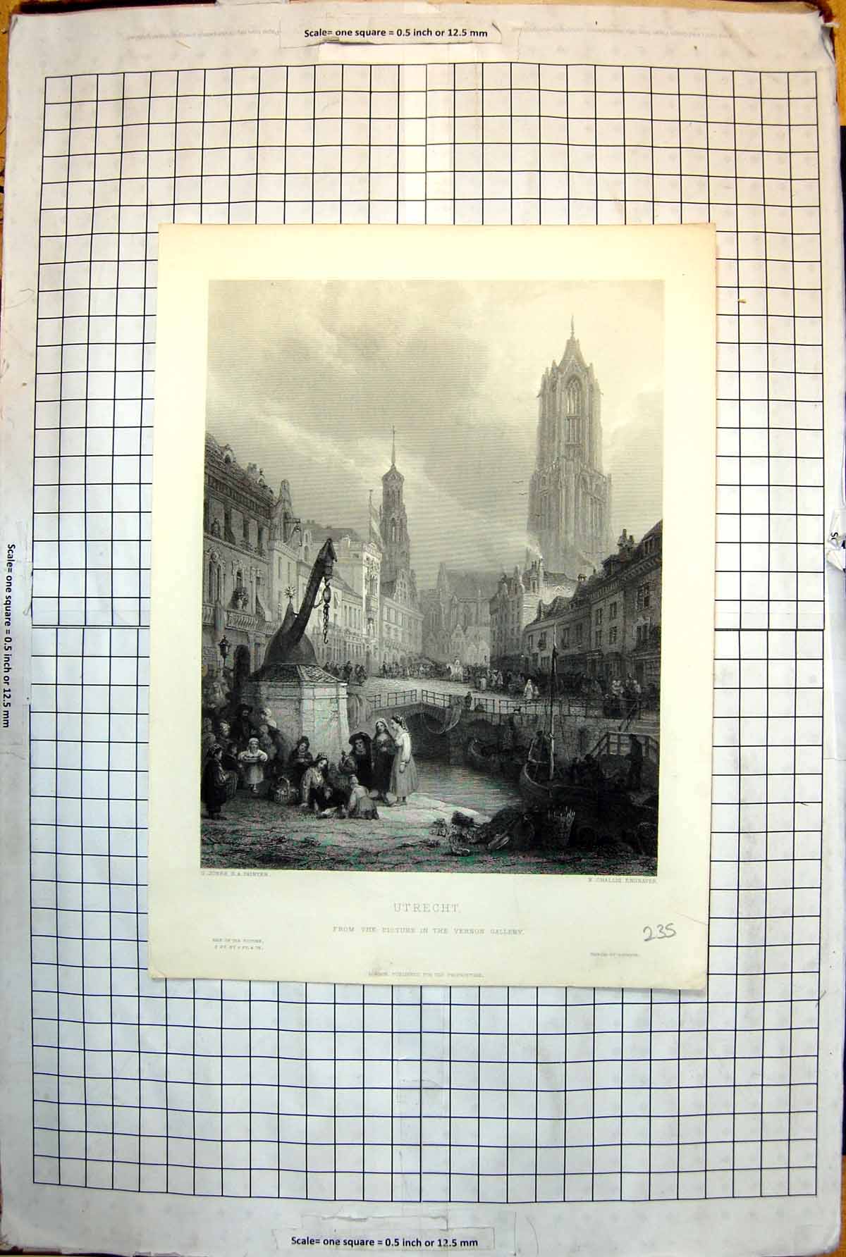 Print Utrecht From Painting G. Jones Cathedral Boats Bridge Children 1853 235J
