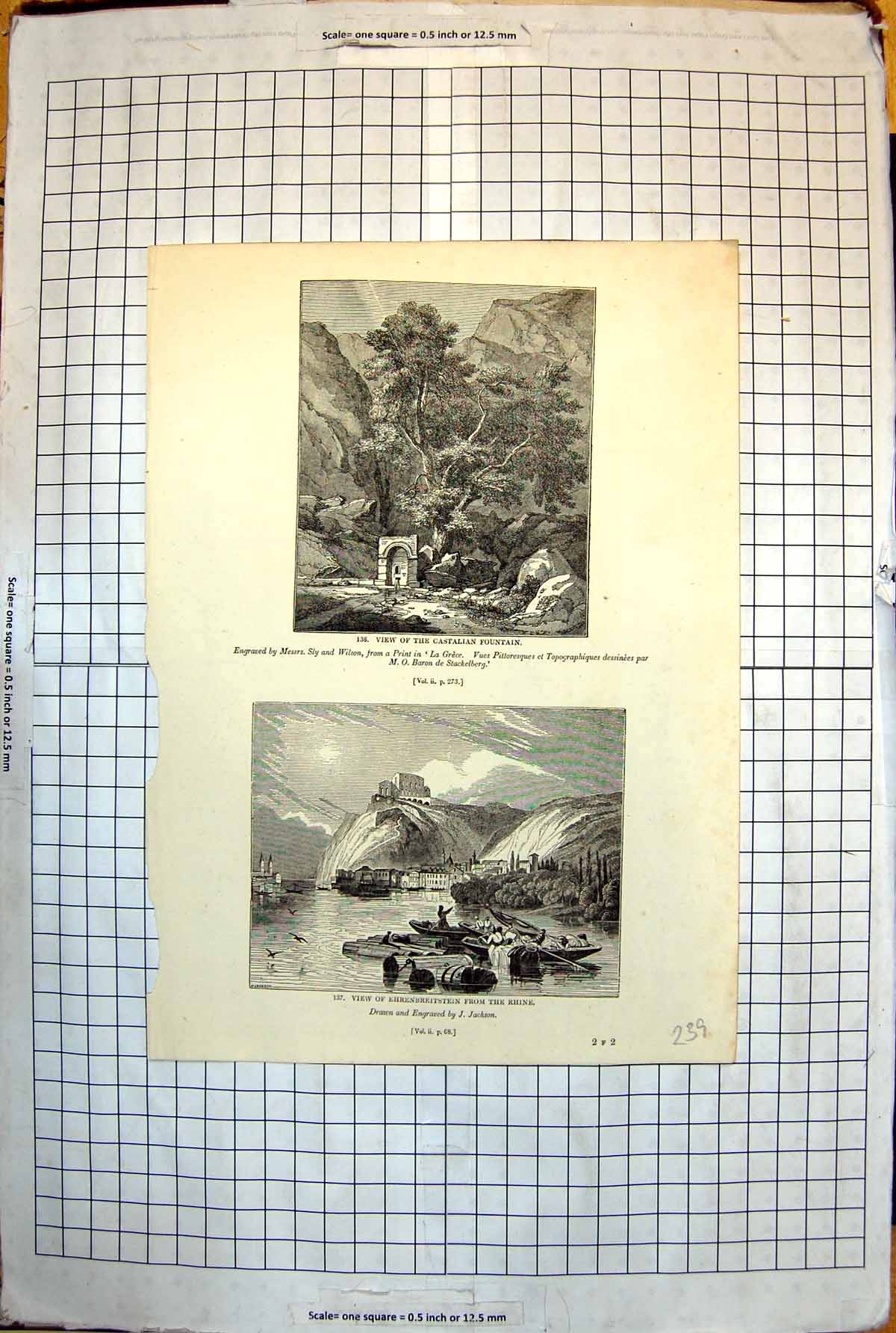 Old Print View Castalian Fountain Tree Mountains Ehrenbreitstein Rhine 1843 239J