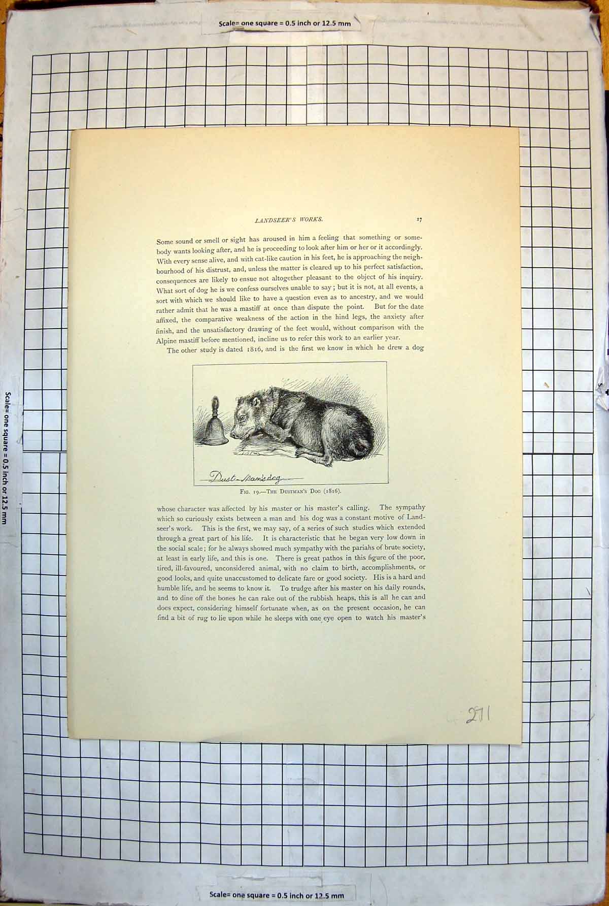 Old Print The Dustman'S Dog From Landseer Work 1816 Bell Resting Tail 271J 19th