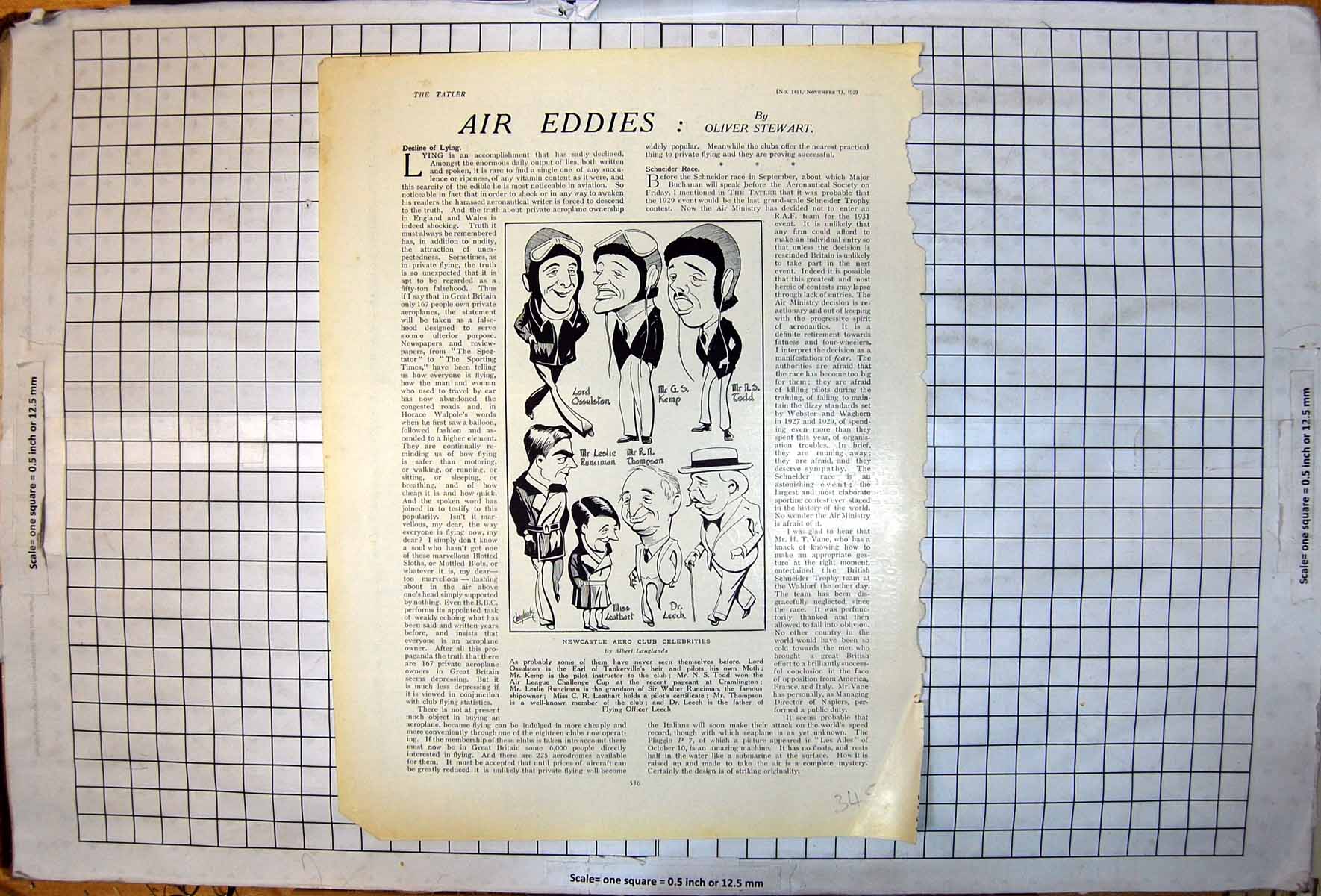 Old Print Newcastle Aero Club Celebrities Caricatures Ossulston Kemp 1929 20th