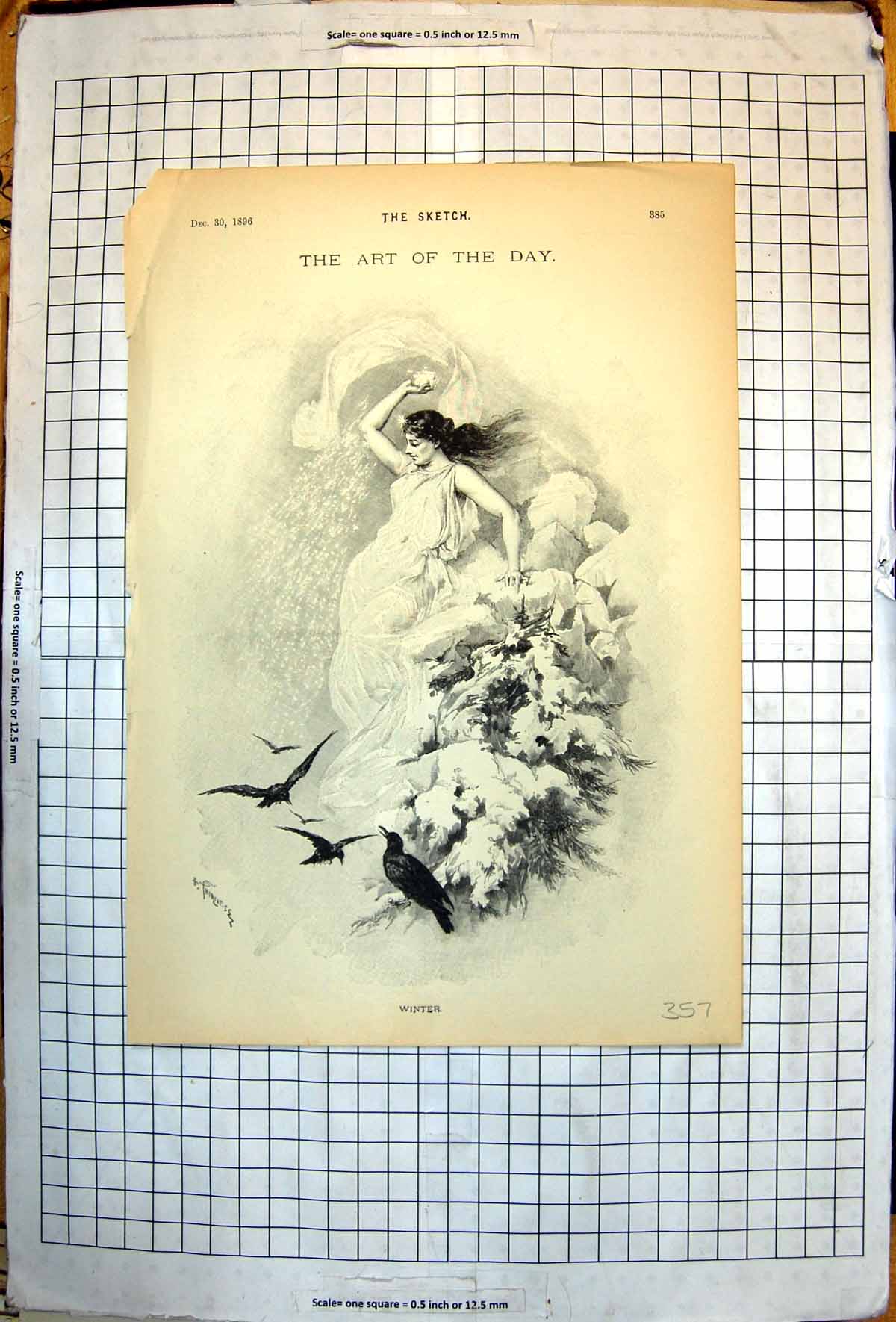 Old Art Day Winter Tree Top Lady Casting Snow Down Birds Gather 1896 Victorian