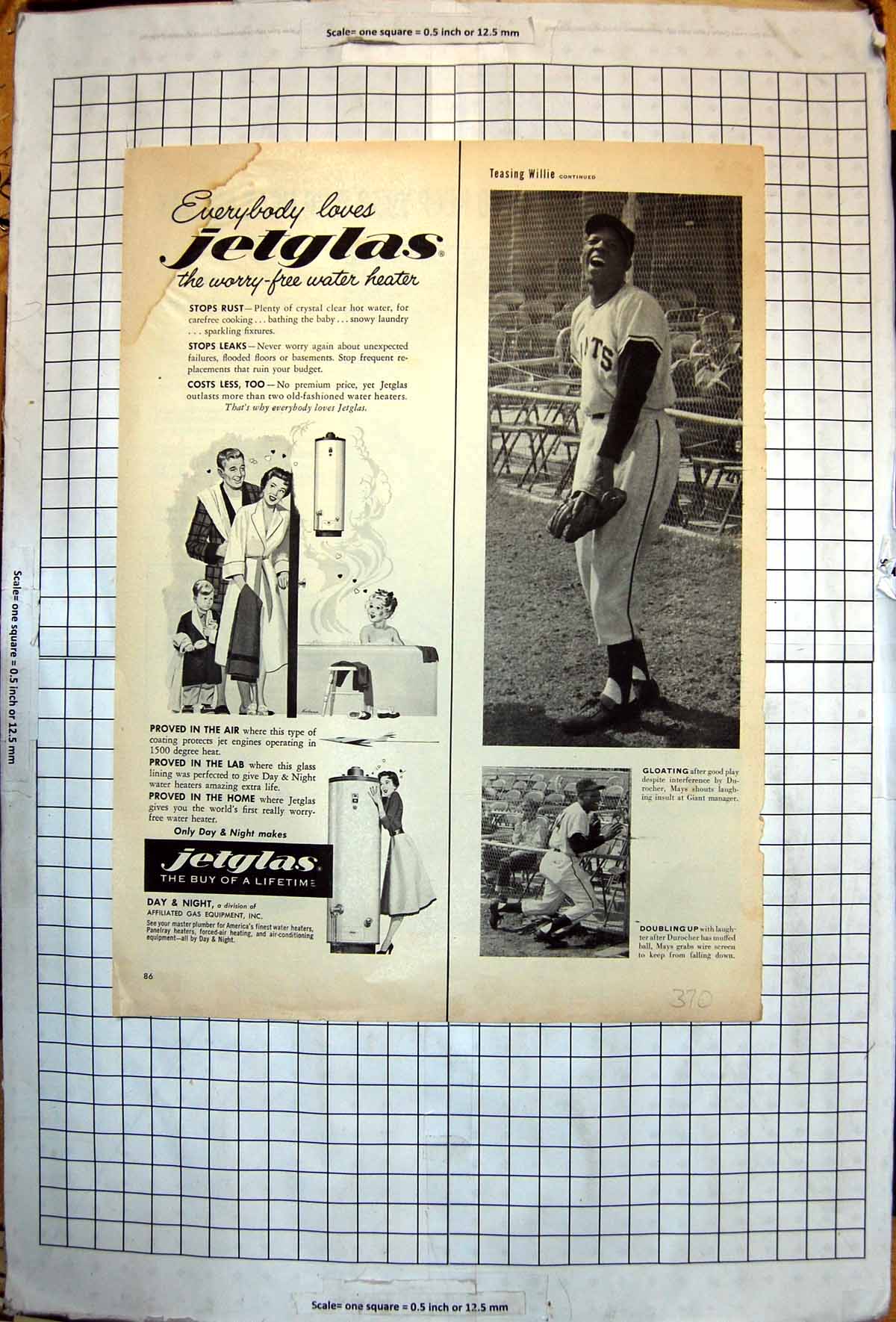 Antique Print Jetglas Water Heater Advert Mays Durocher Giants Baseball Fun