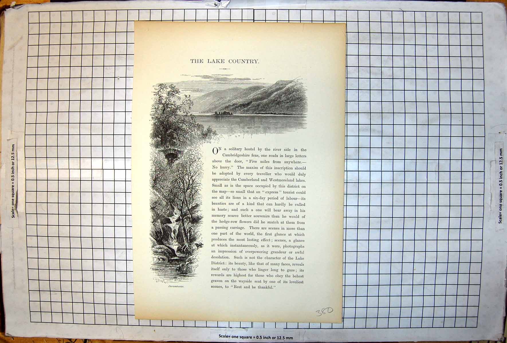 Antique Old Print Picturesque Europe Lake Country Derwentwater Bridge Stream