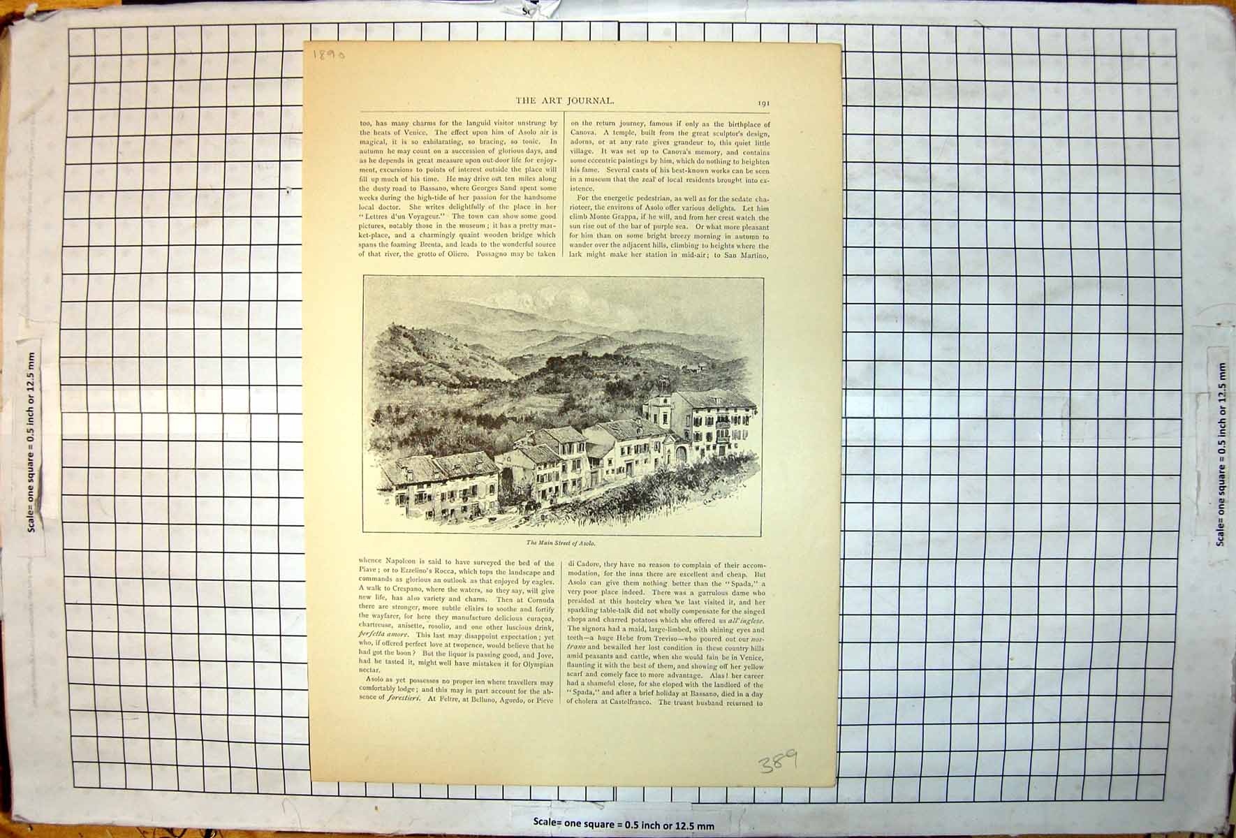 Antique Print Main Street Asolo Buildings Horses Scrubland Art Journal 1890