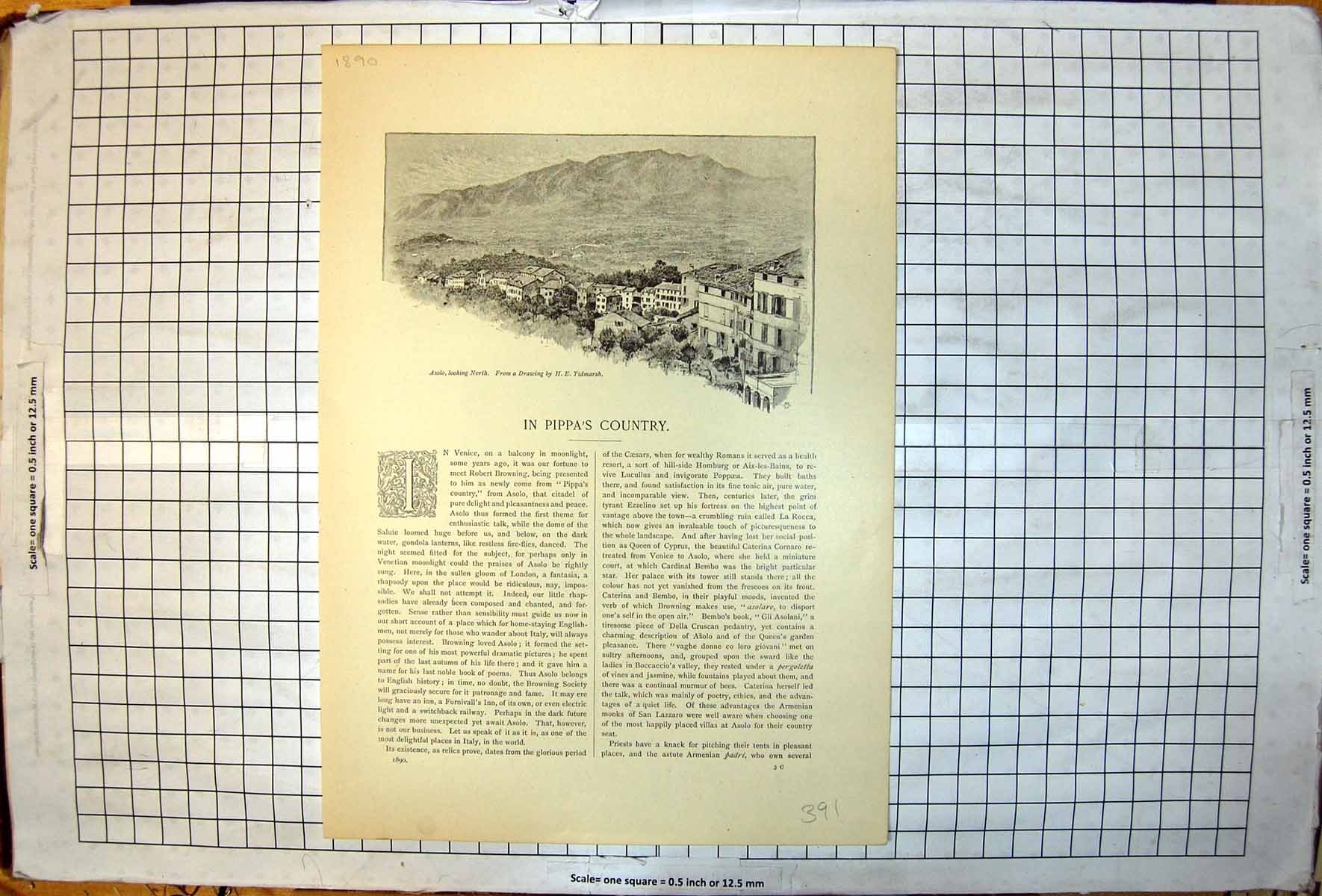 Old Print Asolo Looking North From Drawing HE Tidmarsh Hills Beyond 1890 19th