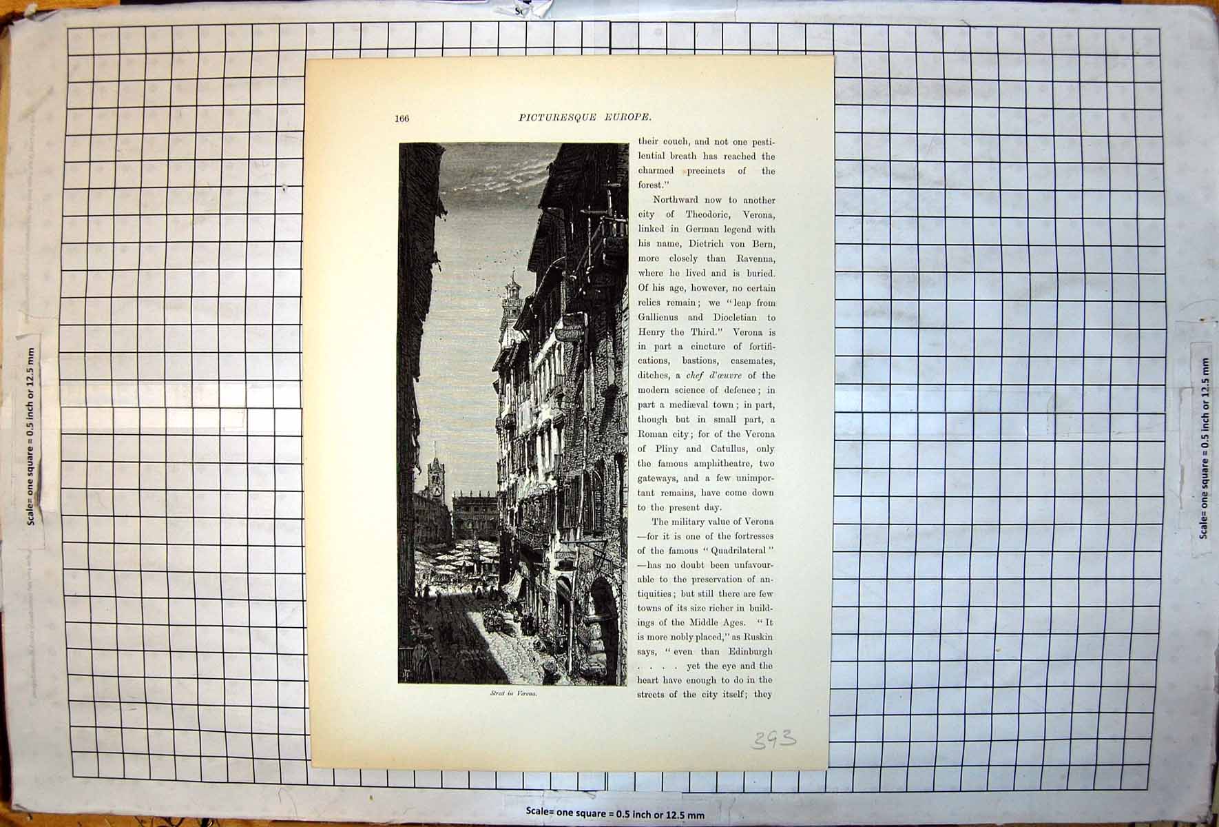 Antique Old Print Picturesque Europe Street In Verona Narrow Tall Buildings