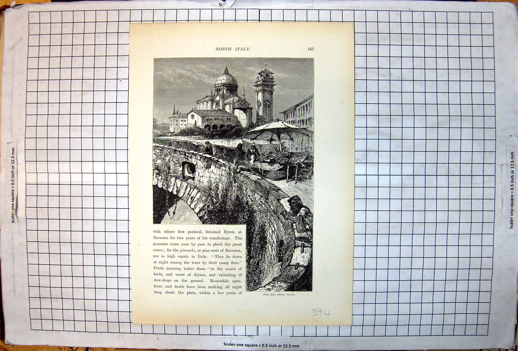 Antique Old Print Picturesque Europe Ponte Della Pietra Verona Narrow Bridge
