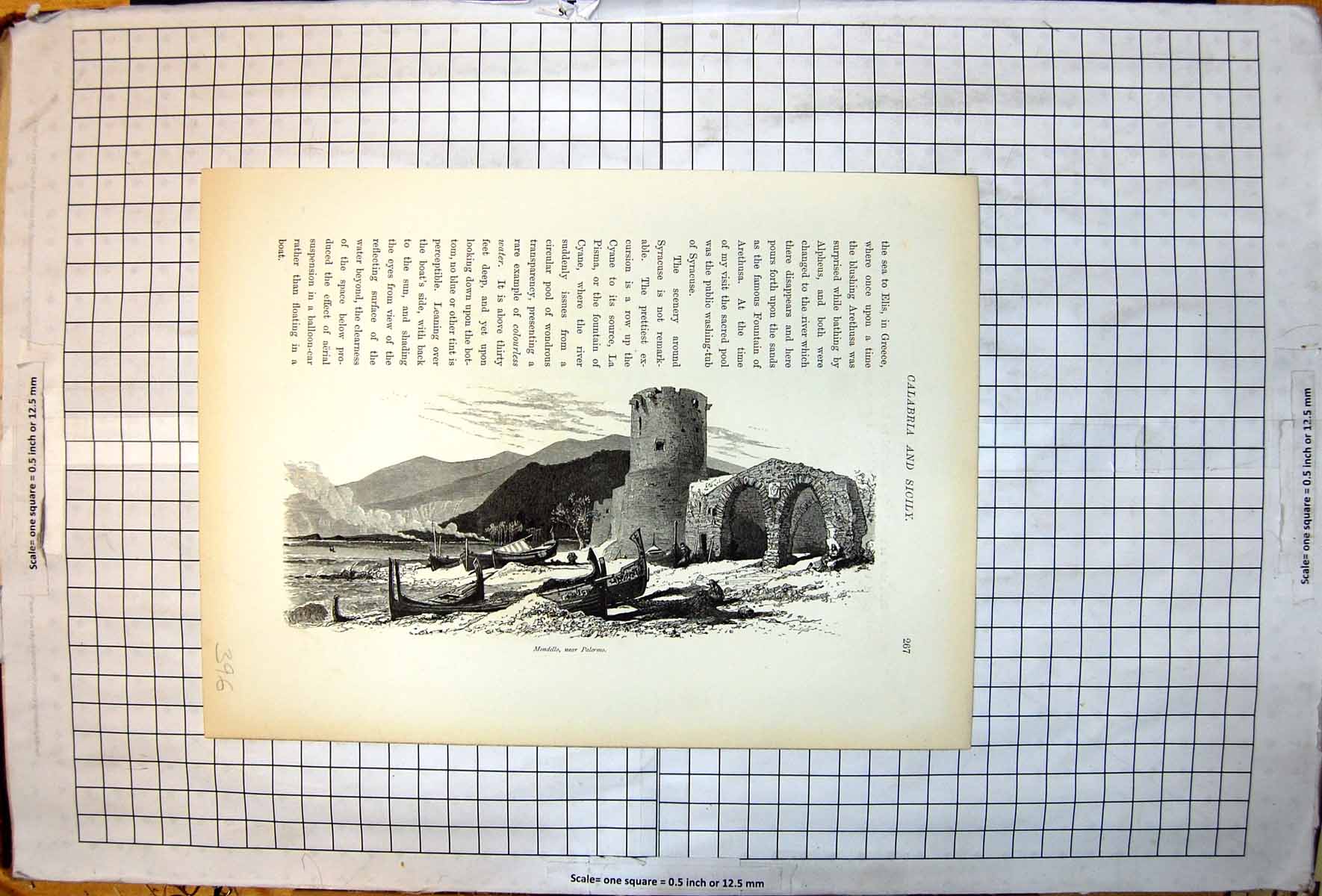 Antique Print Picturesque Europe Mondello Near Palermo Castle Arches Boats